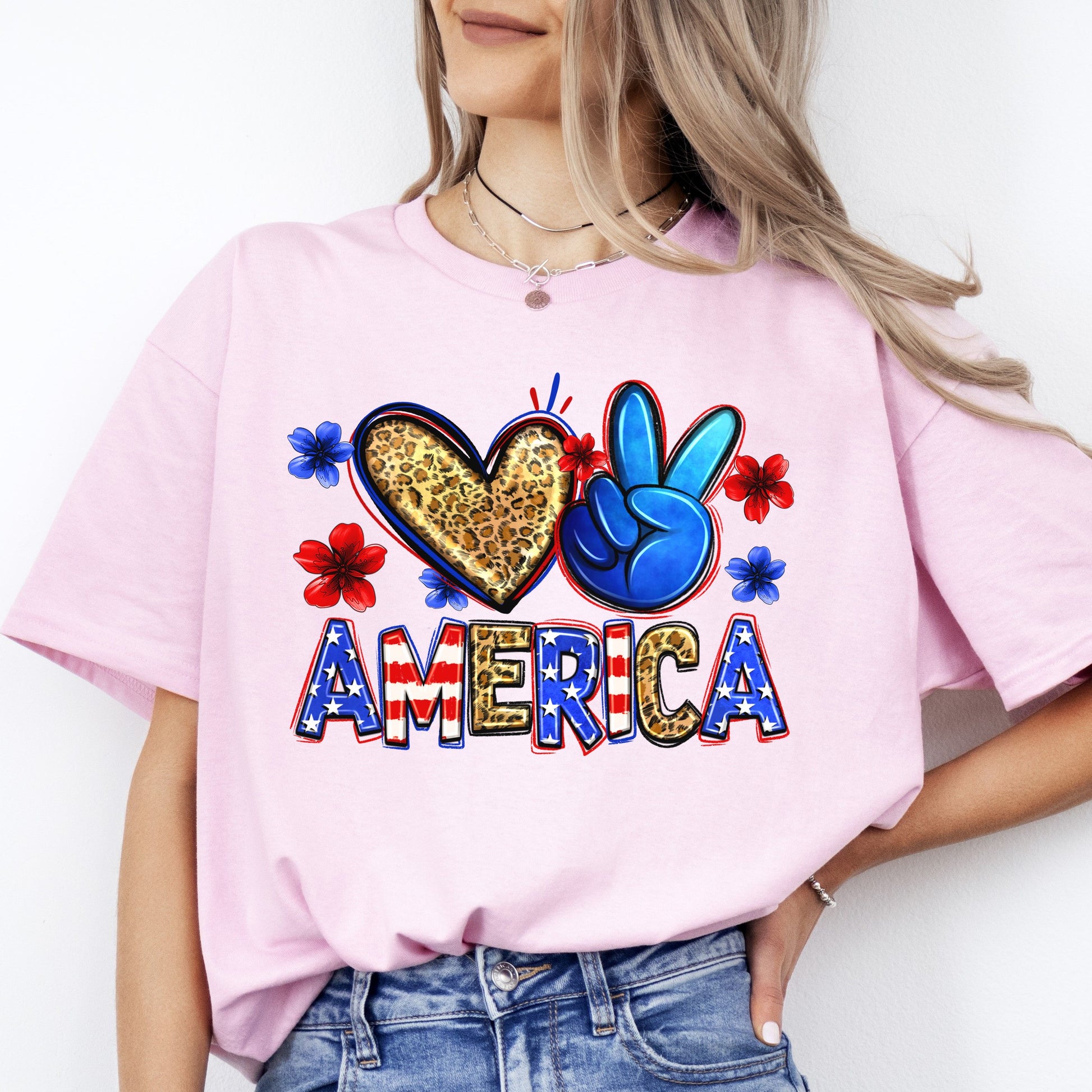 Peace Love America T-shirt gift USA independence July 4 celebration tee-Light Pink-Family-Gift-Planet