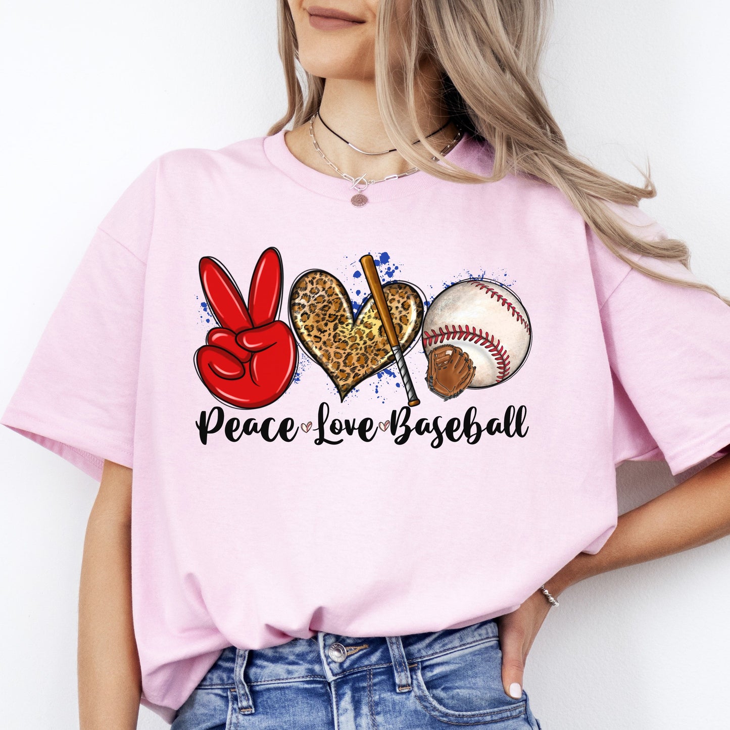 Peace Love Baseball T-shirt gift Baseball player mama leopard heart tee-Light Pink-Family-Gift-Planet