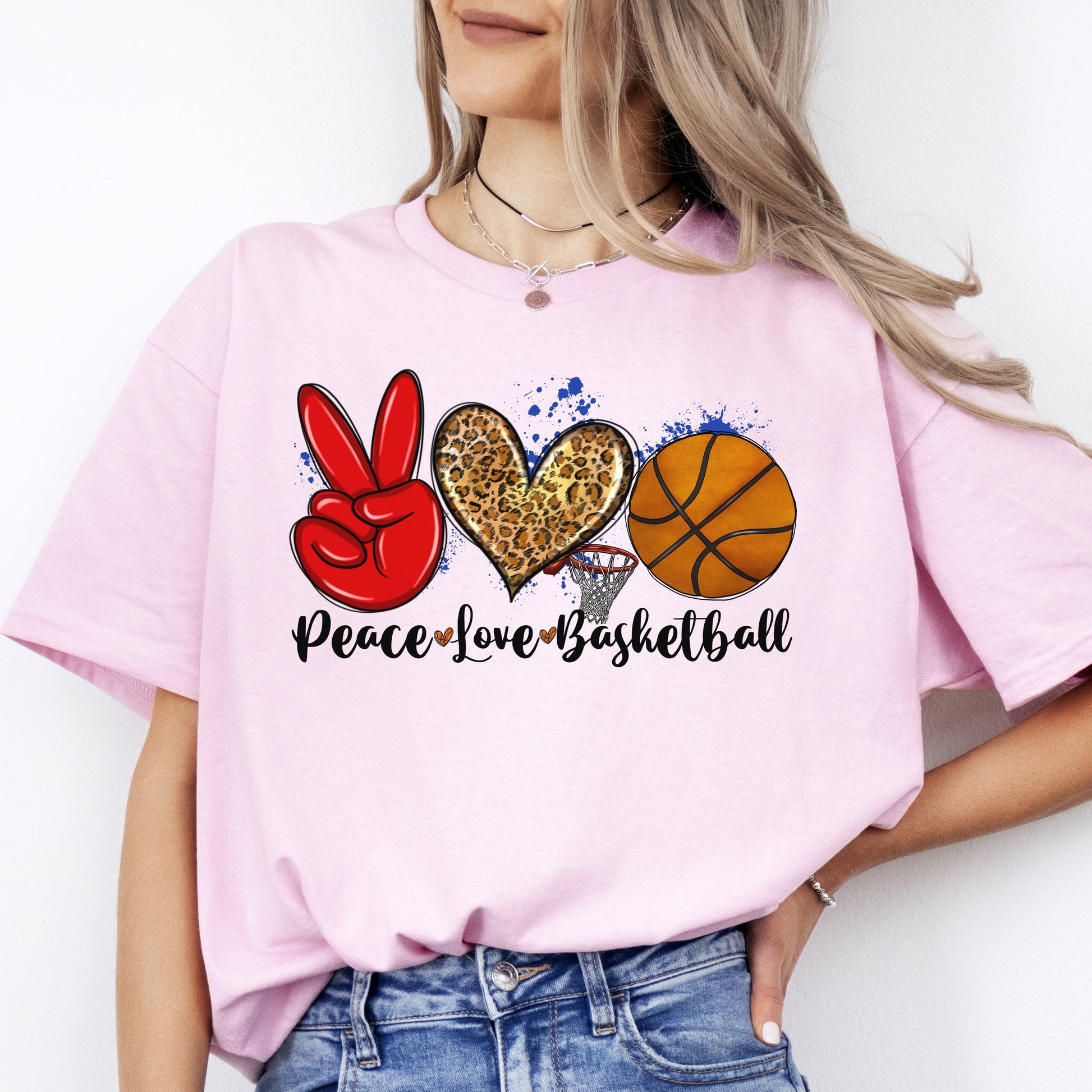 Peace Love Basketball T-shirt gift Basketball mom leopard skin heart tee-Light Pink-Family-Gift-Planet