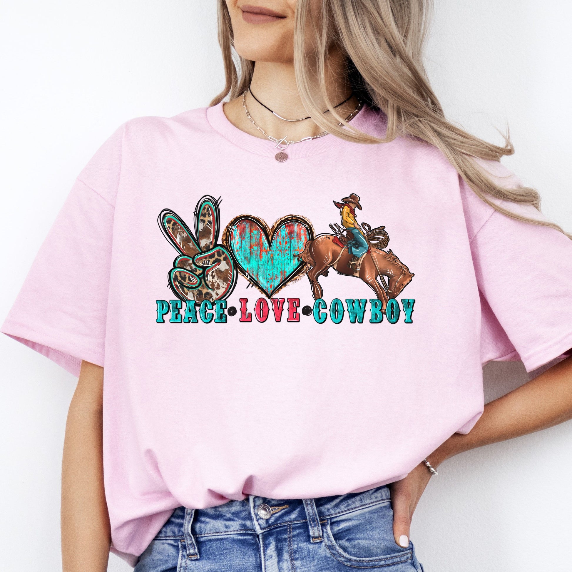 Peace Love Cowboy T-shirt gift Western Texas rodeo cowboy tee-Light Pink-Family-Gift-Planet