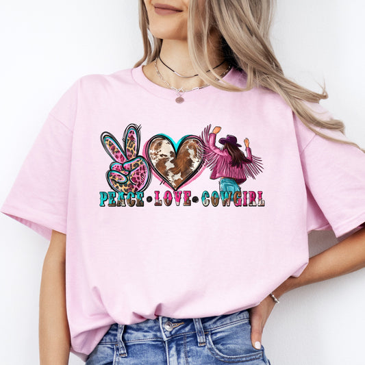 Peace Love Cowgirl T-shirt gift Texas Western cowgirl leopard skin heart tee-Light Pink-Family-Gift-Planet