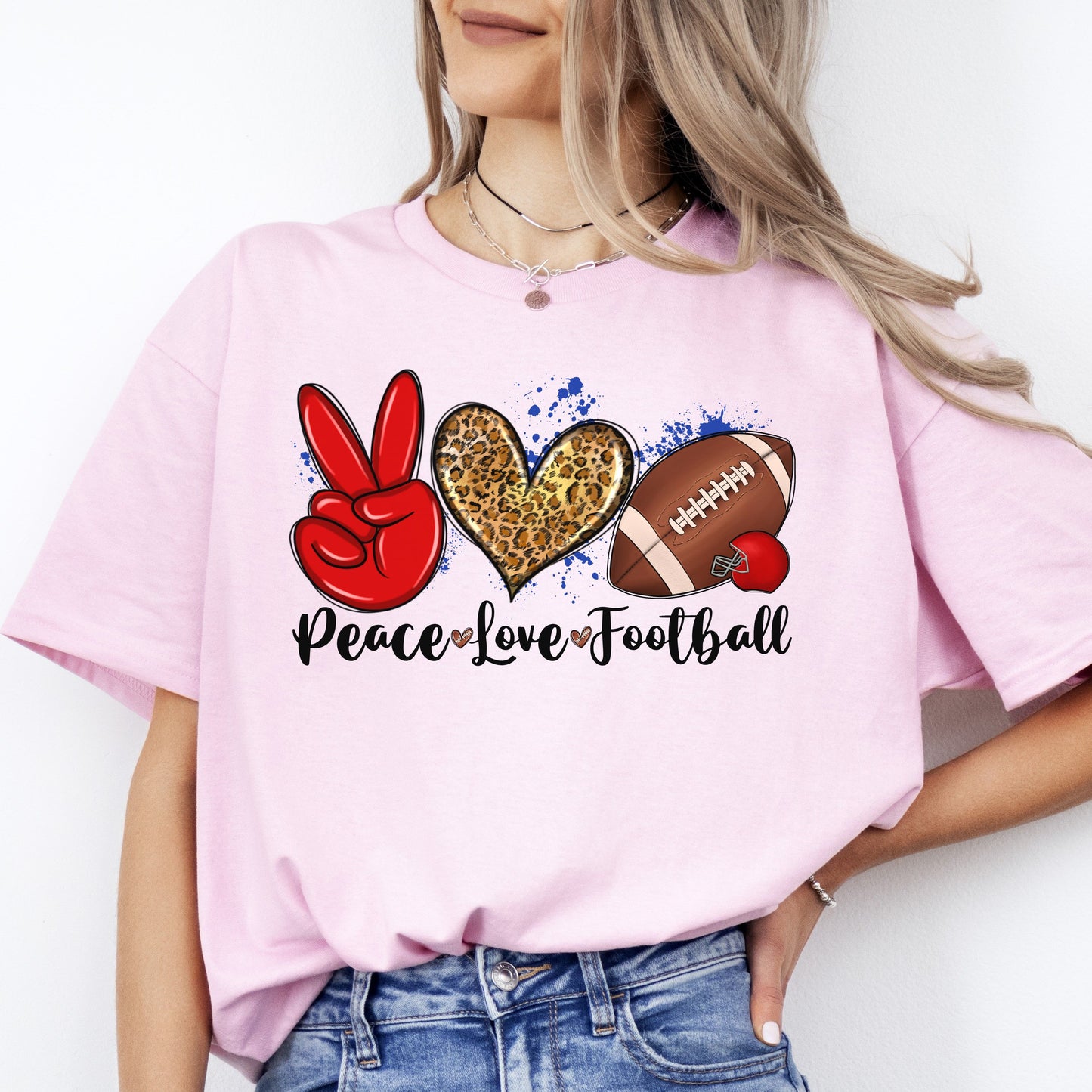 Peace Love Football T-shirt gift Football mama leopard skin heart tee-Light Pink-Family-Gift-Planet