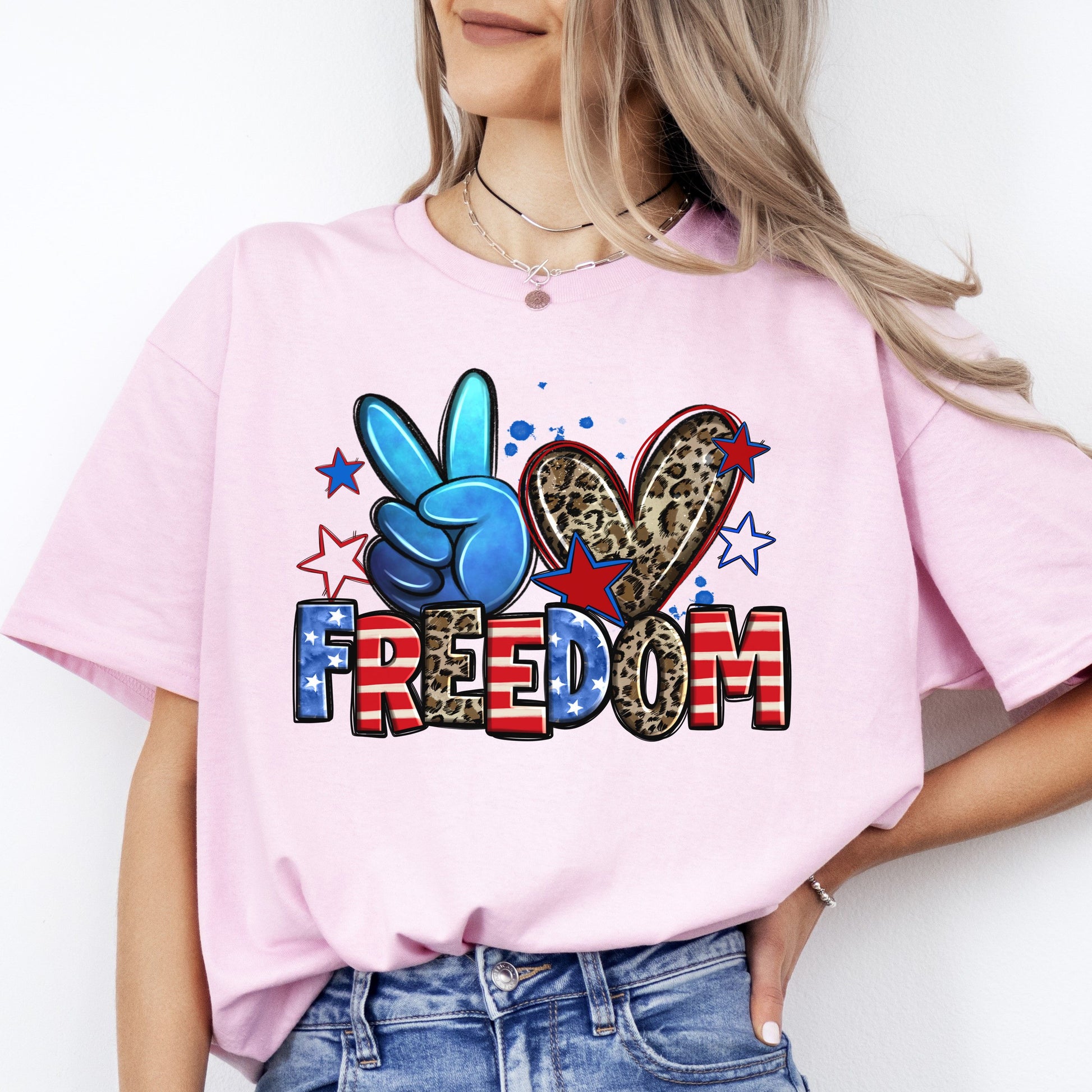 Peace Love Freedom T-shirt gift America Independence Day July 4th tee-Light Pink-Family-Gift-Planet