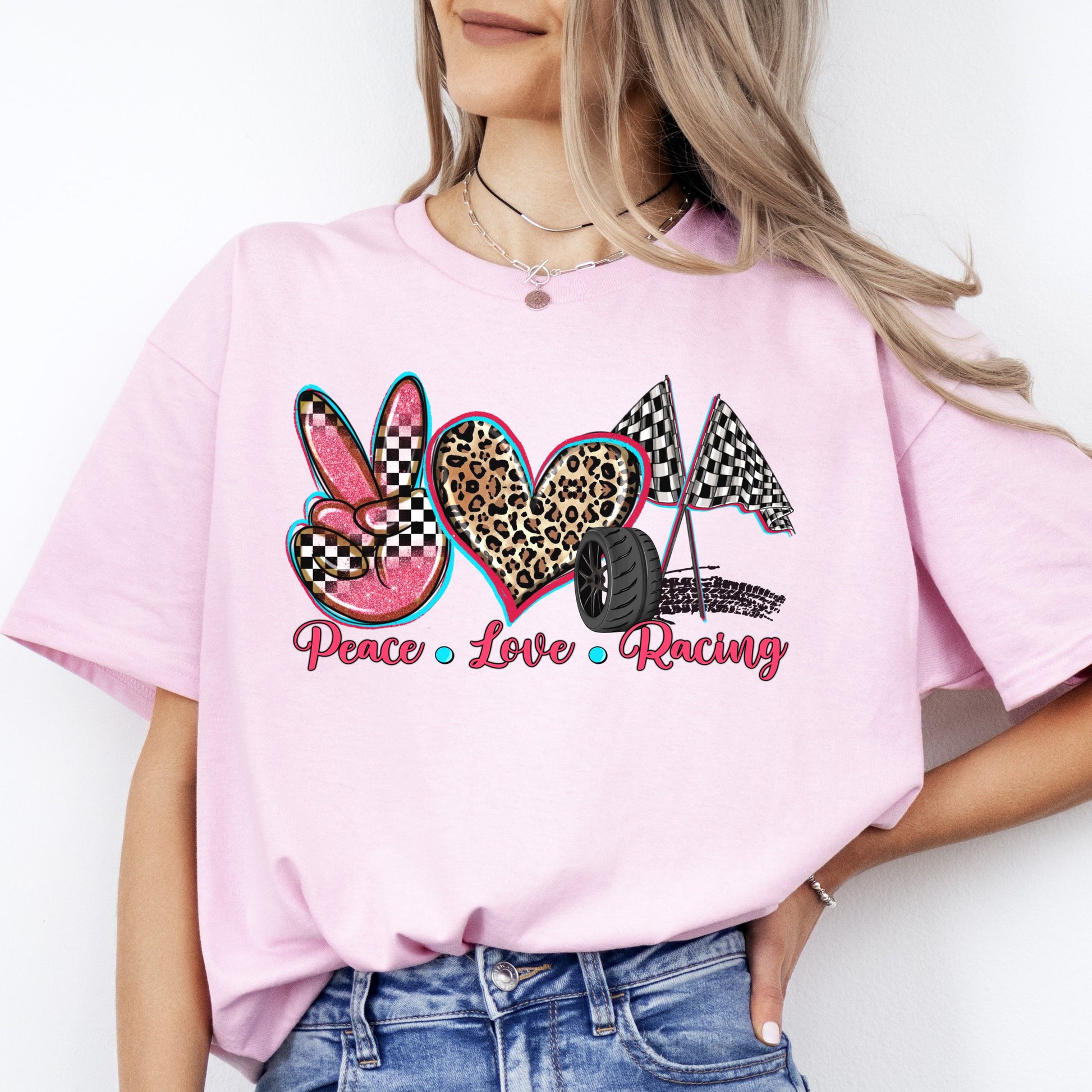 Peace Love Racing T-shirt gift Racer mama Leopard skin heart tee-Light Pink-Family-Gift-Planet