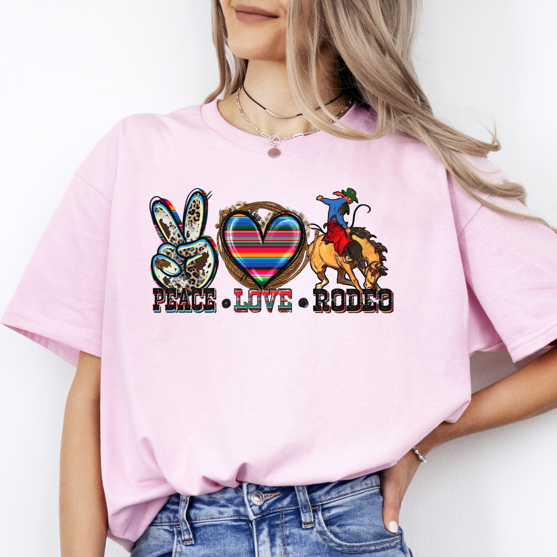 Peace Love Rodeo T-shirt gift Texas Western cowboy rodeo lover tee-Light Pink-Family-Gift-Planet