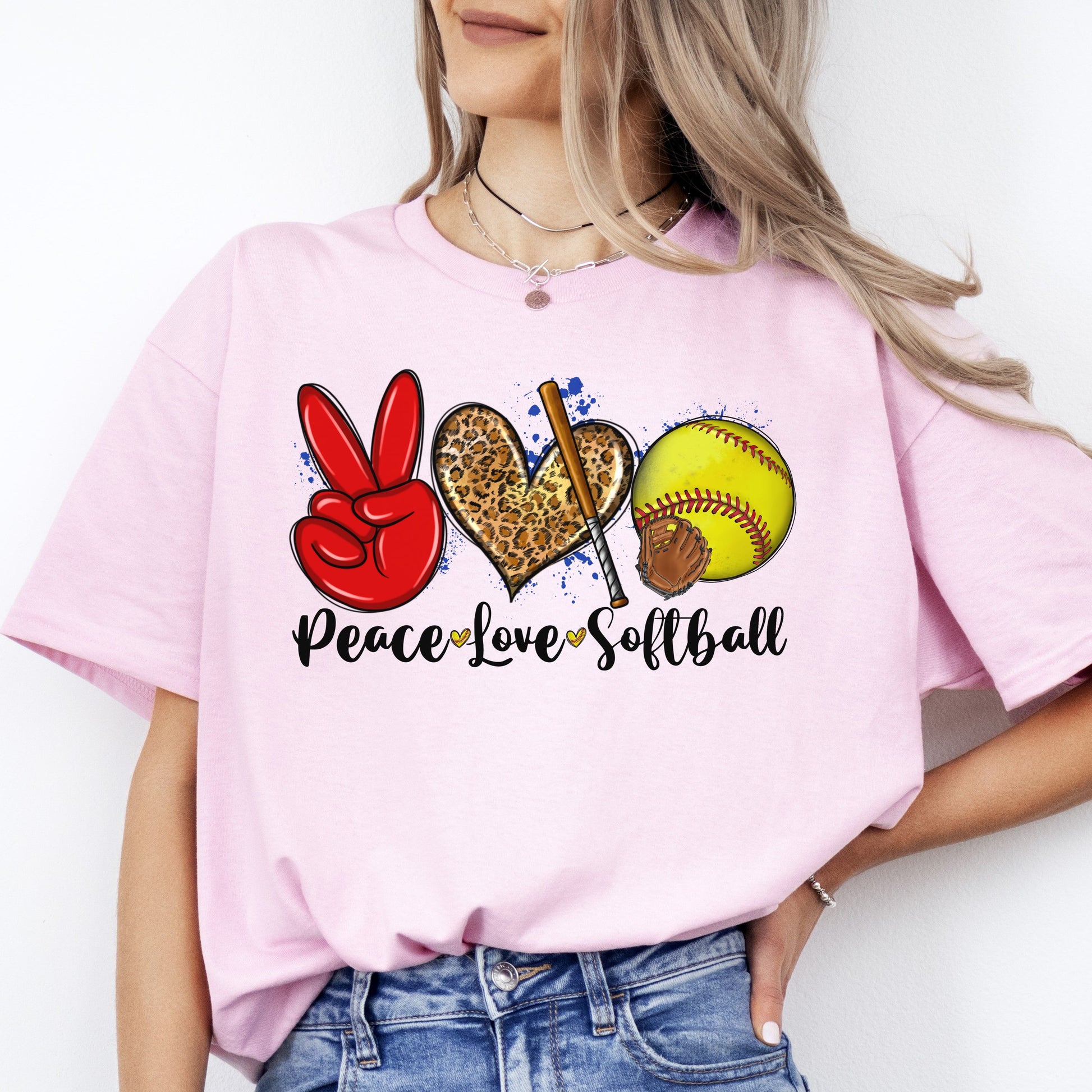 Peace Love Softball T-shirt gift Softball player mama leopard heart tee-Light Pink-Family-Gift-Planet