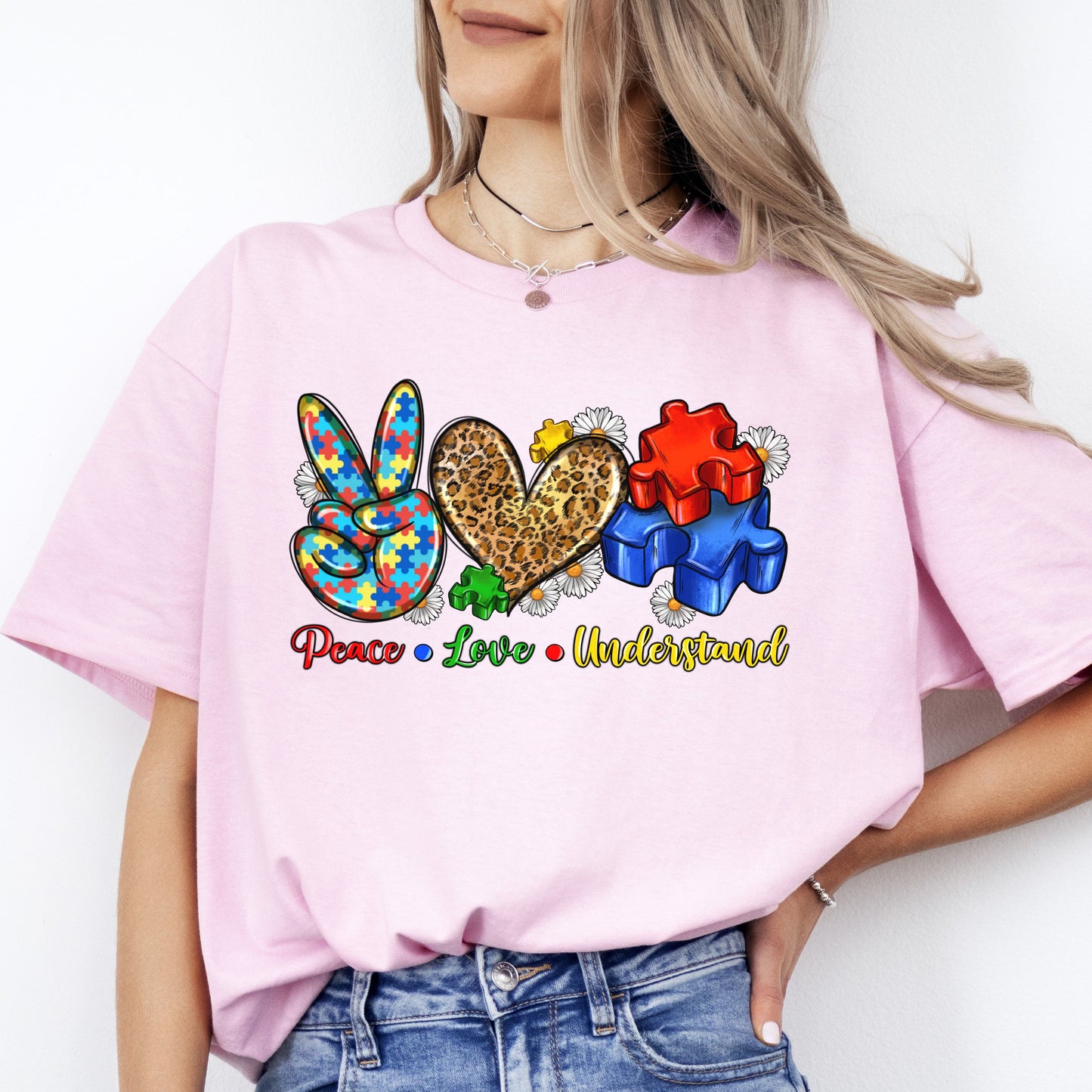 Peace Love Understand T-shirt gift Autism awareness autism mama tee-Light Pink-Family-Gift-Planet