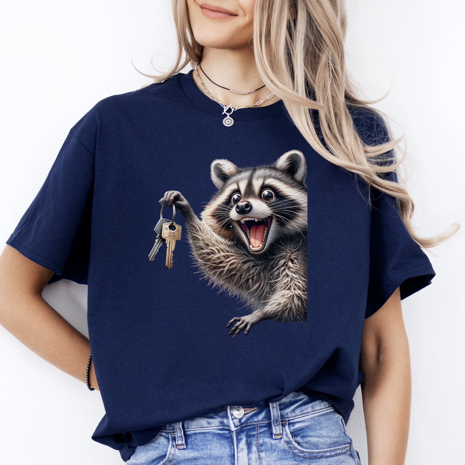 Realtor T-Shirt Racoon with key Real estate agent homeowner Unisex tee Black Navy Dark Heather-Navy-Family-Gift-Planet