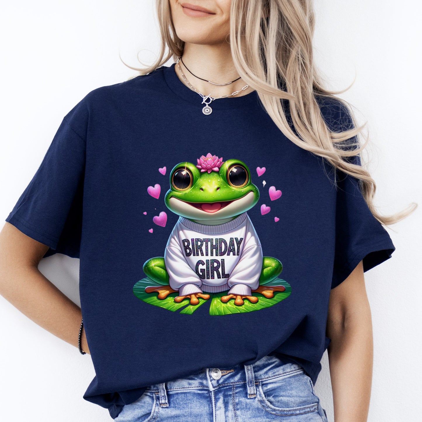 Frog Birthday Girl T-Shirt gift Smiling Birthday Frog hearts Unisex tee Black Navy Dark Heather-Navy-Family-Gift-Planet