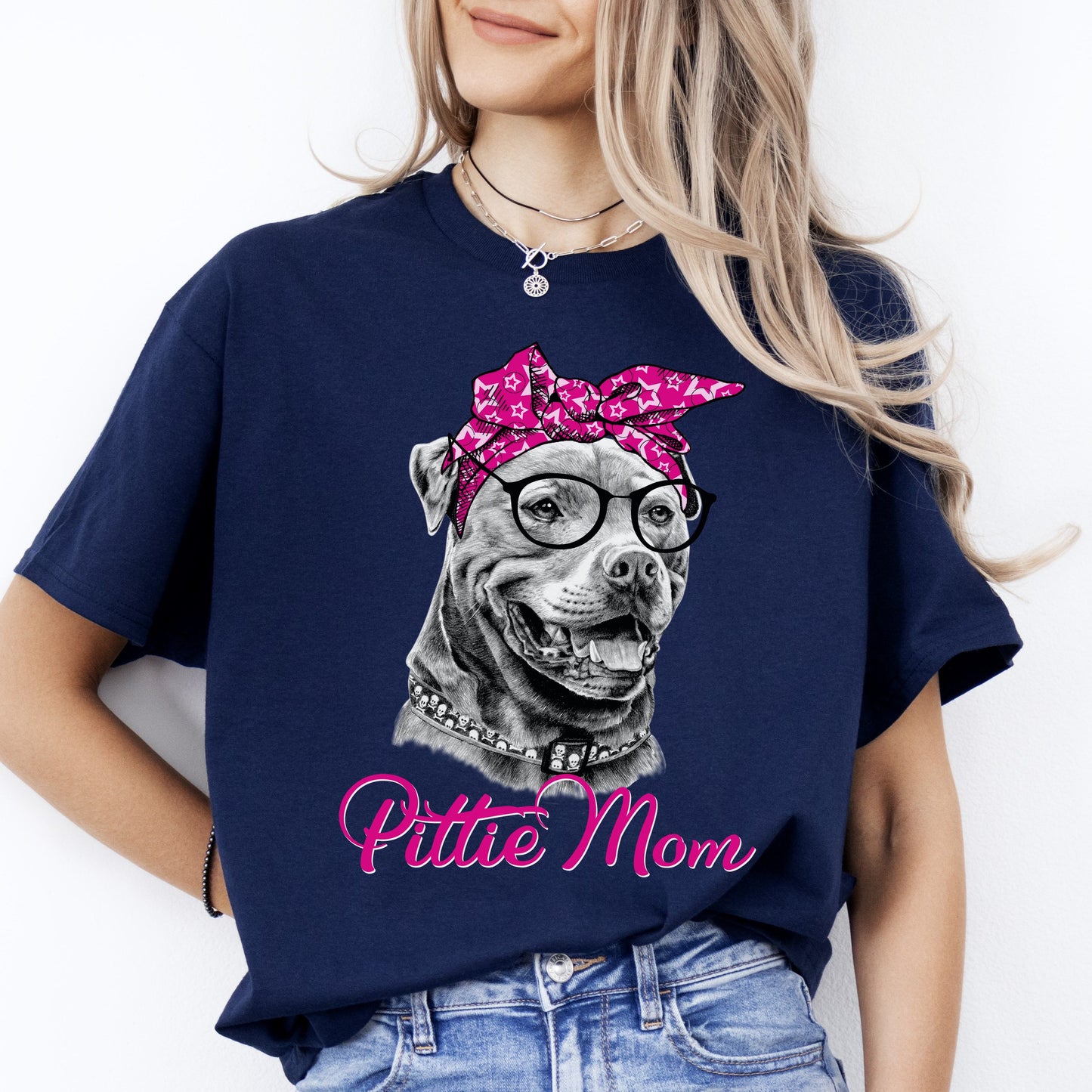 Pittie Mom T-Shirt gift pink Pitbull Dog mama Unisex tee Black Navy Dark Heather-Navy-Family-Gift-Planet