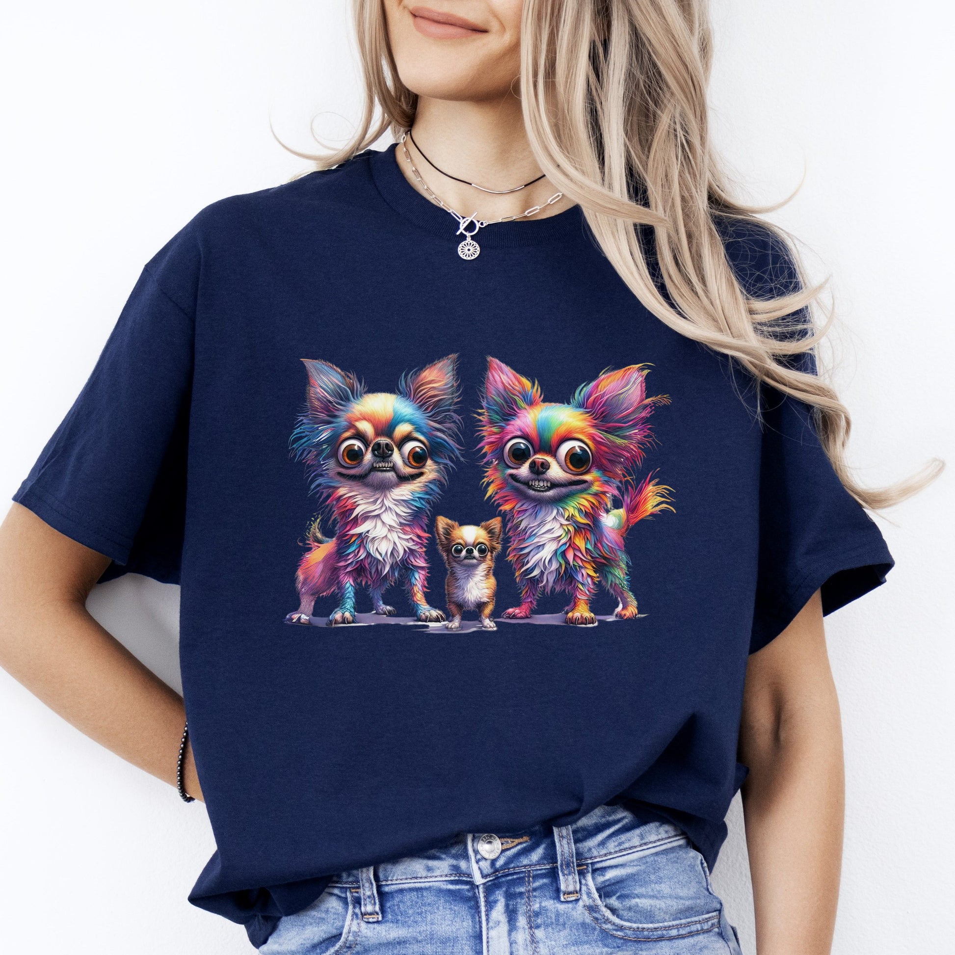 Chihuahua family T-Shirt gift Three colorful Chihuahua dog mama Unisex tee Black Navy Dark Heather-Navy-Family-Gift-Planet