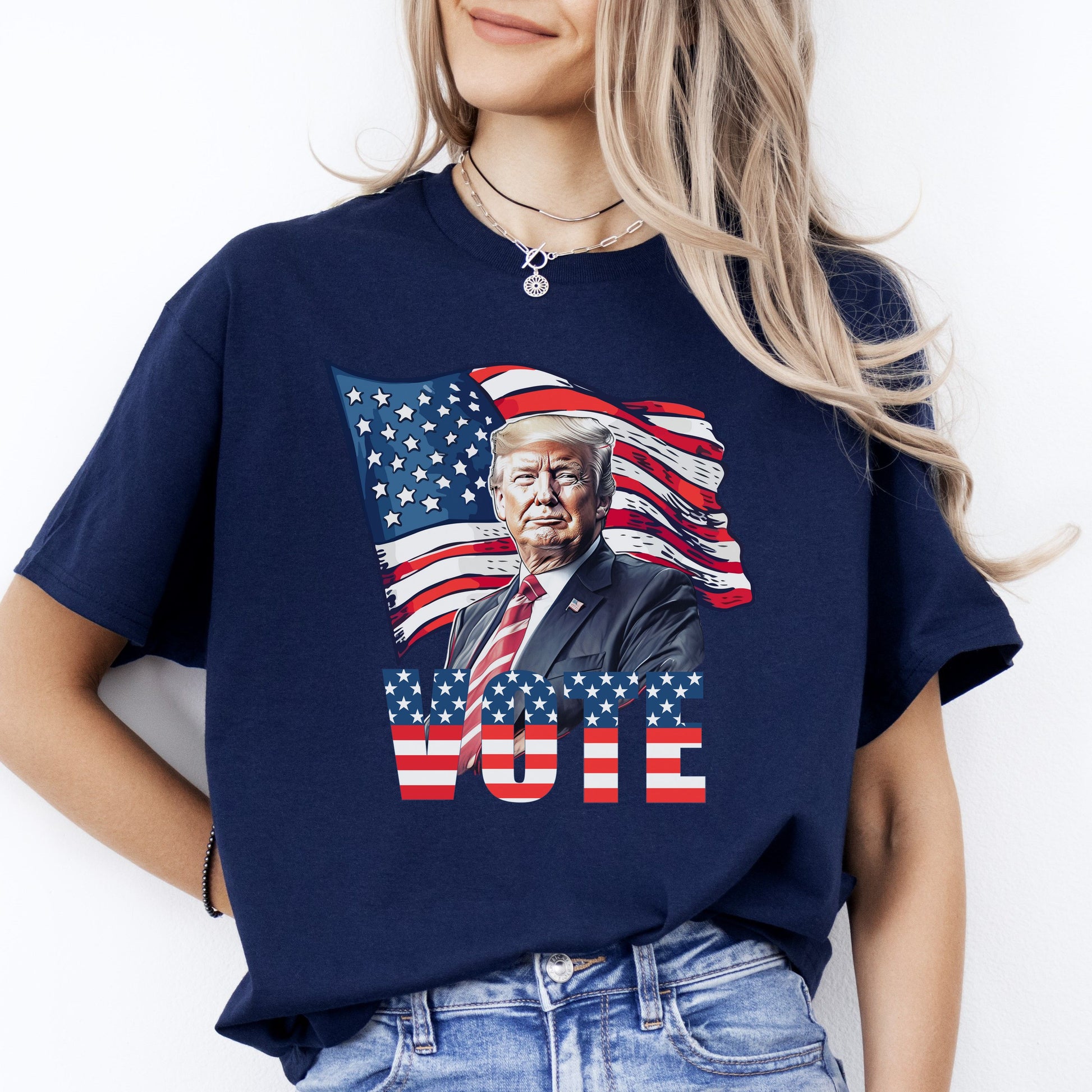 Vote T-Shirt US election 2024 Trump American flag Unisex tee Black Navy Dark Heather-Navy-Family-Gift-Planet