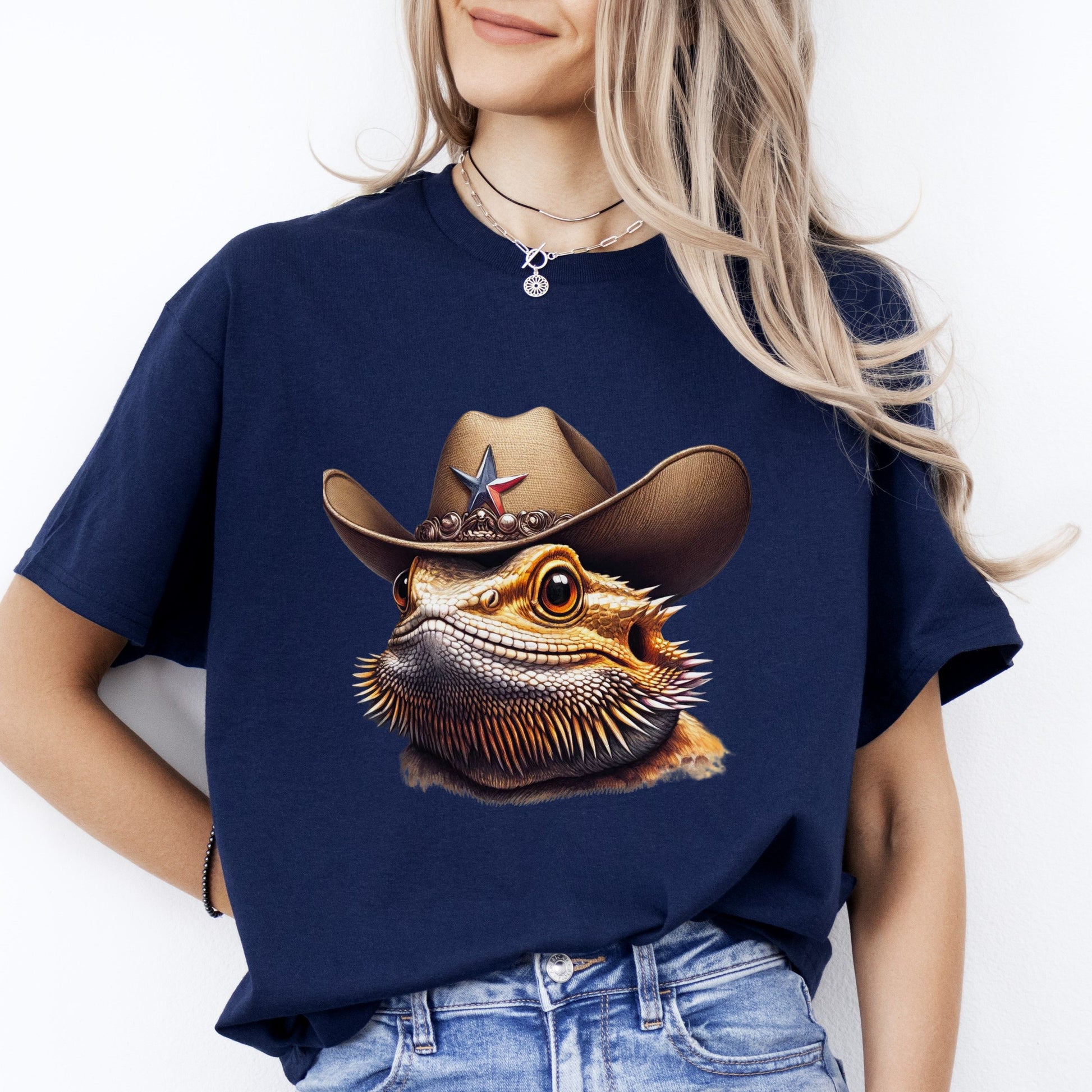 Bearded Dragon in hat T-Shirt gift Texas Sheriff Bearded Dragon Unisex tee Black Navy Dark Heather-Navy-Family-Gift-Planet