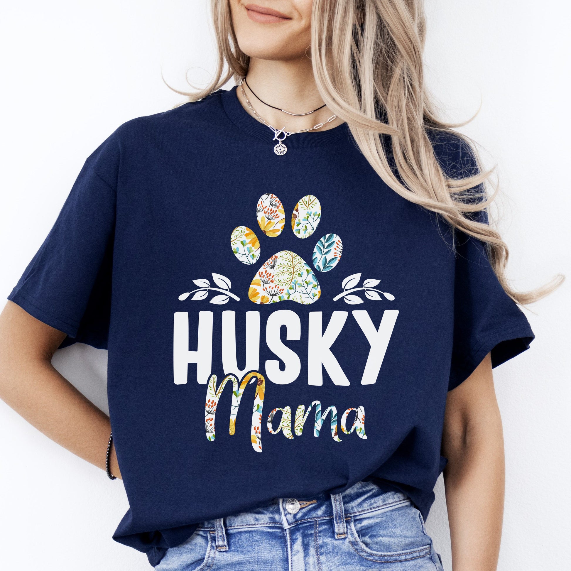 Husky Mama T-Shirt gift Dog Baw Husky Dog mom Unisex tee Black Navy Dark Heather-Navy-Family-Gift-Planet