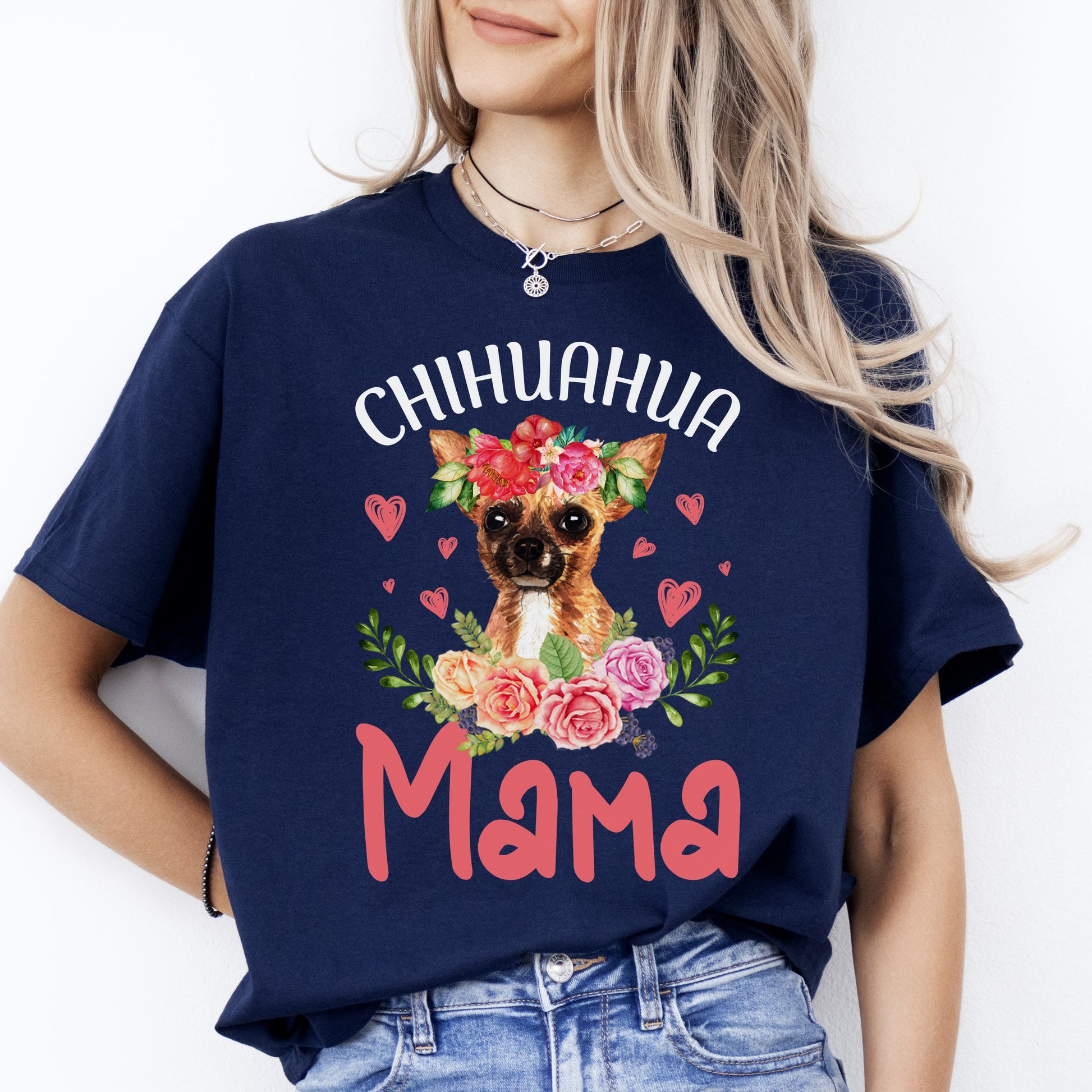 Chihuahua Mama T-Shirt gift Flowers Chihuahua Dog mom Unisex tee Black Navy Dark Heather-Navy-Family-Gift-Planet