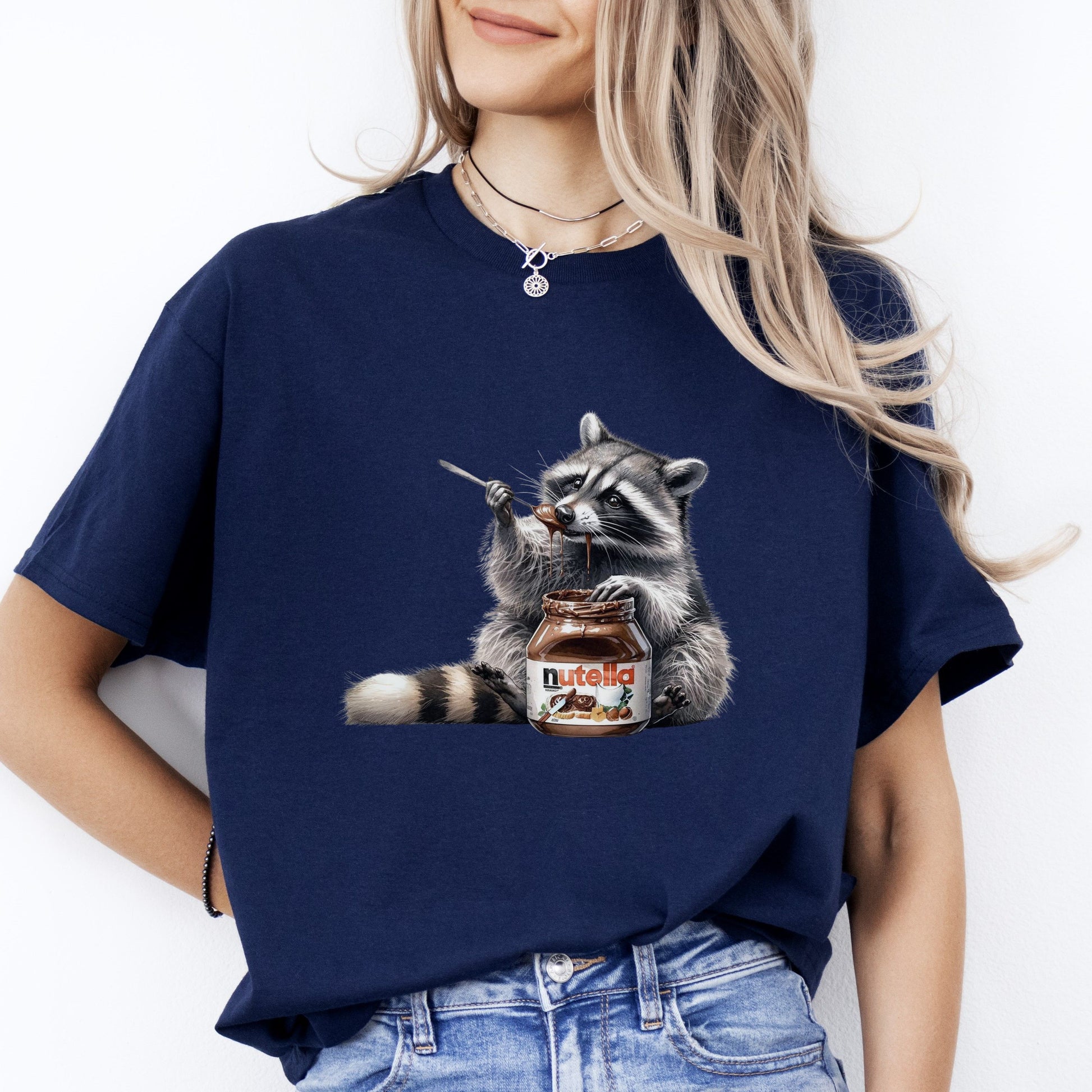 Funny racoon eating chocolate T-Shirt streetwear choco lover Unisex tee Black Navy Dark Heather-Navy-Family-Gift-Planet