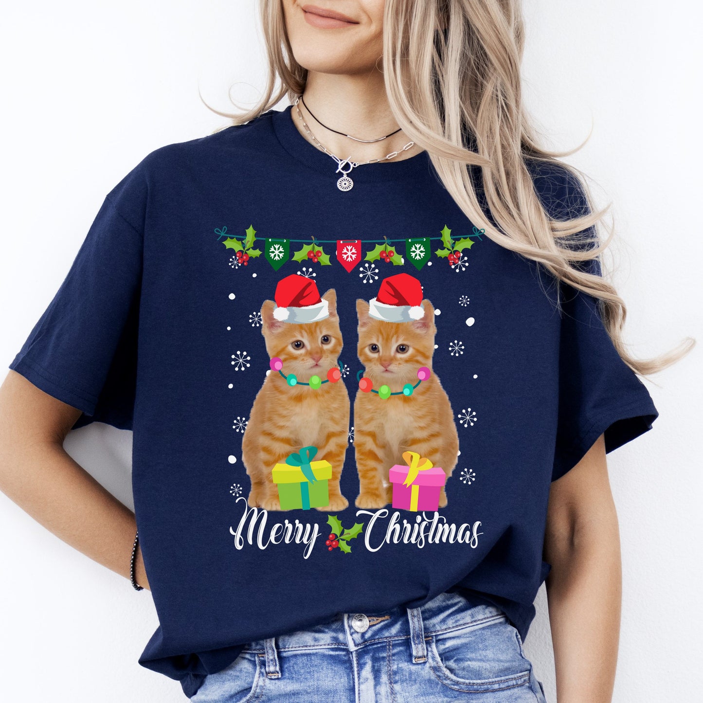 2 Cats Merry Christmas T-Shirt gift Christmas Cat mom Unisex Tee Black Navy Dark Heather-Navy-Family-Gift-Planet