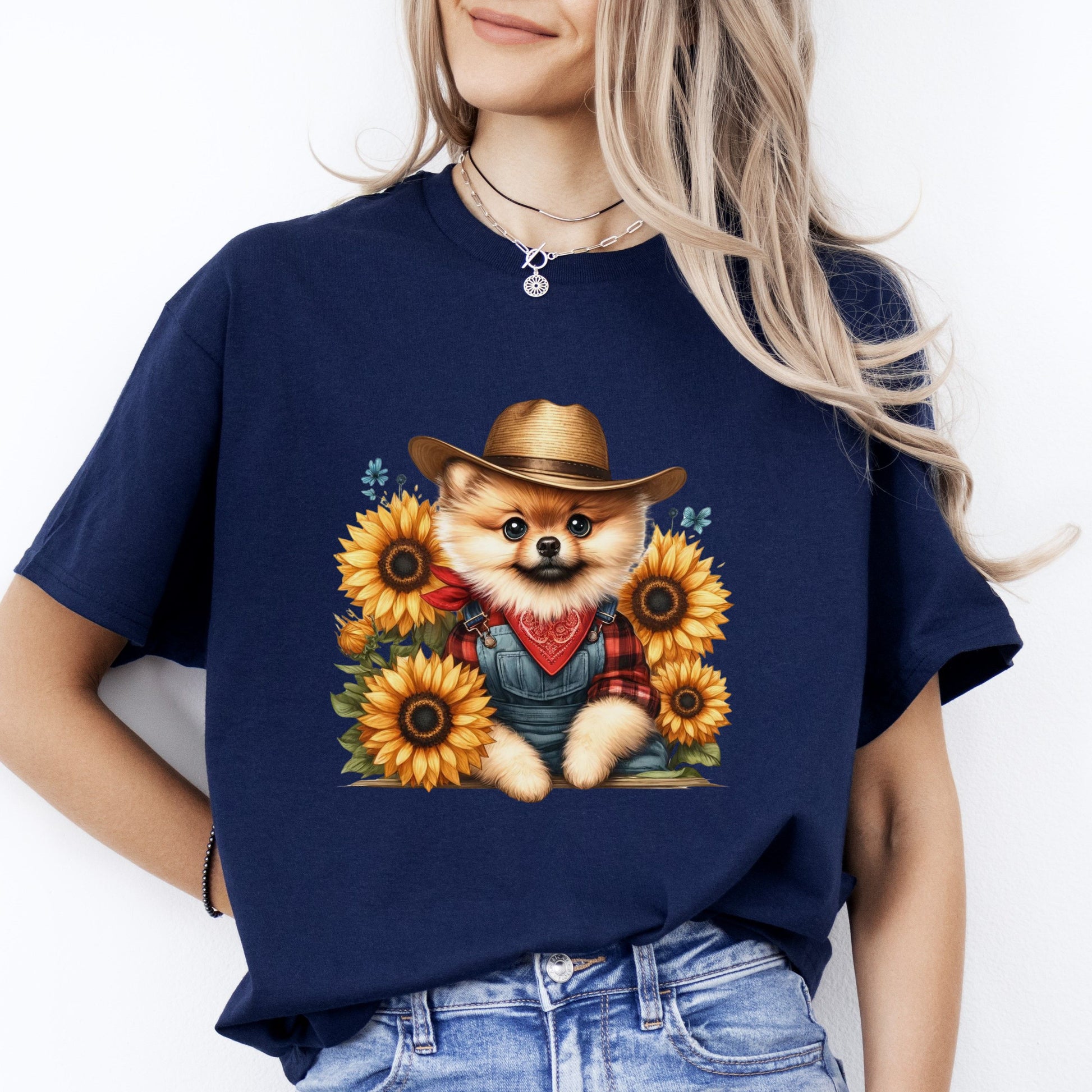 Shpits in sunflowers T-Shirt gift Shpits dog in hat Unisex tee Black Navy Dark Heather-Navy-Family-Gift-Planet