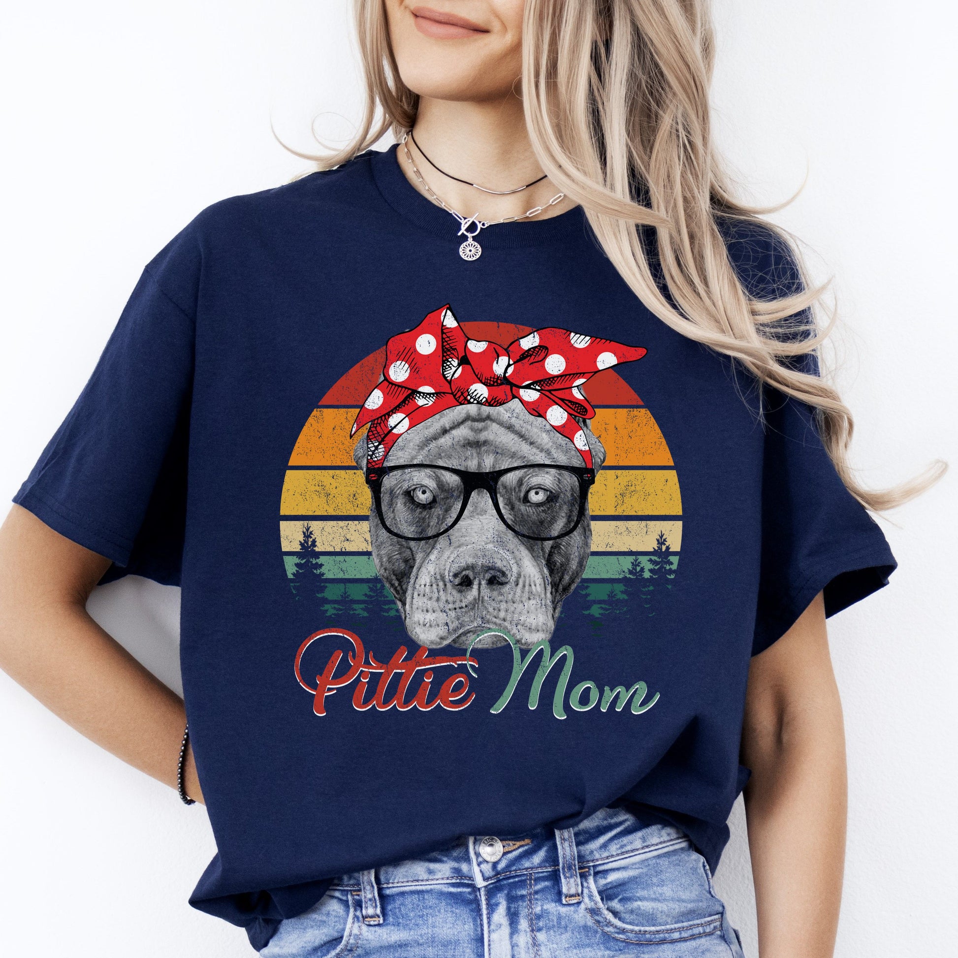 Pittie Mom Retro T-Shirt gift Pitbull Dog mom Unisex tee Black Navy Dark Heather-Navy-Family-Gift-Planet