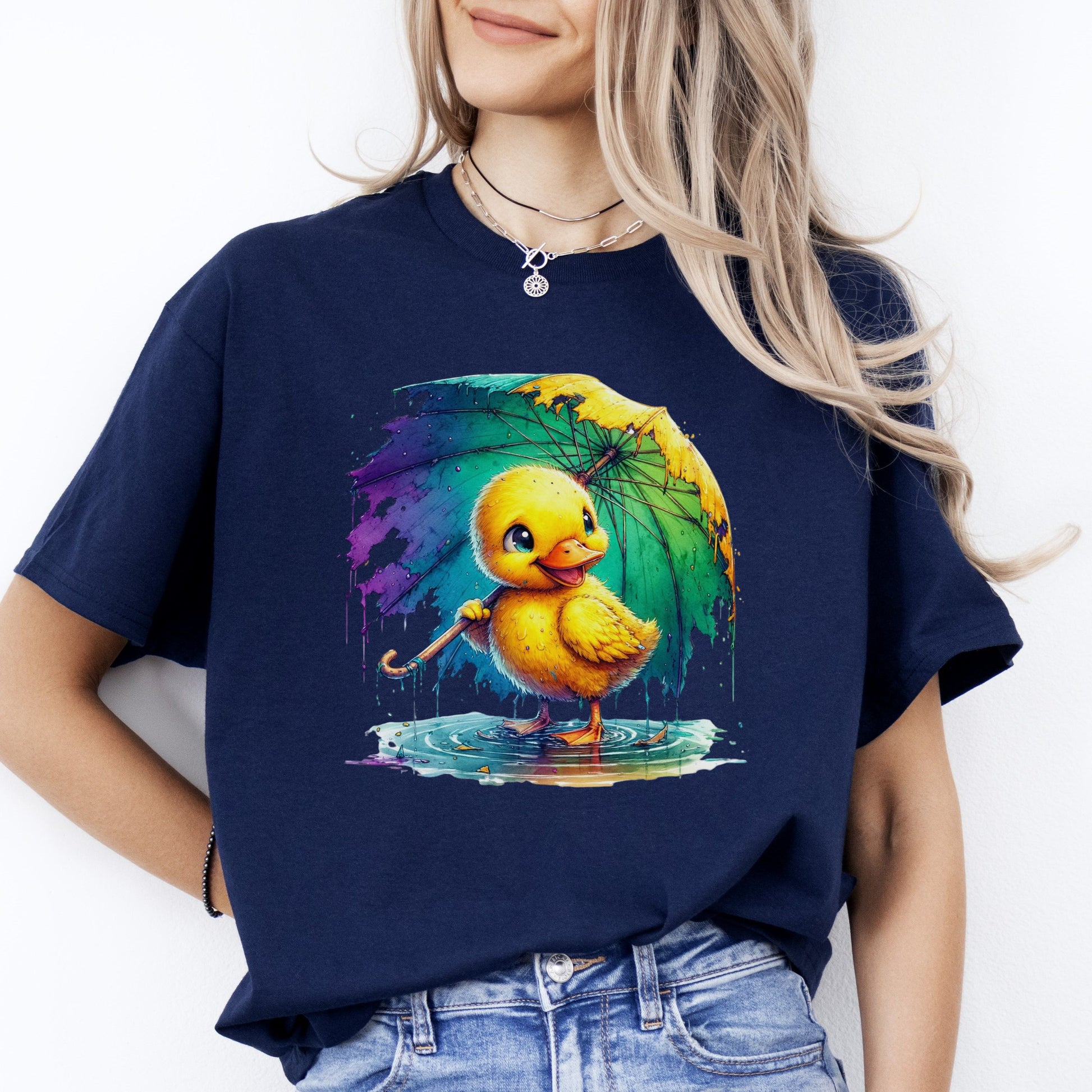 Happy Chick in the rain with umbrella T-Shirt Positive Unisex tee Black Navy Dark Heather-Navy-Family-Gift-Planet