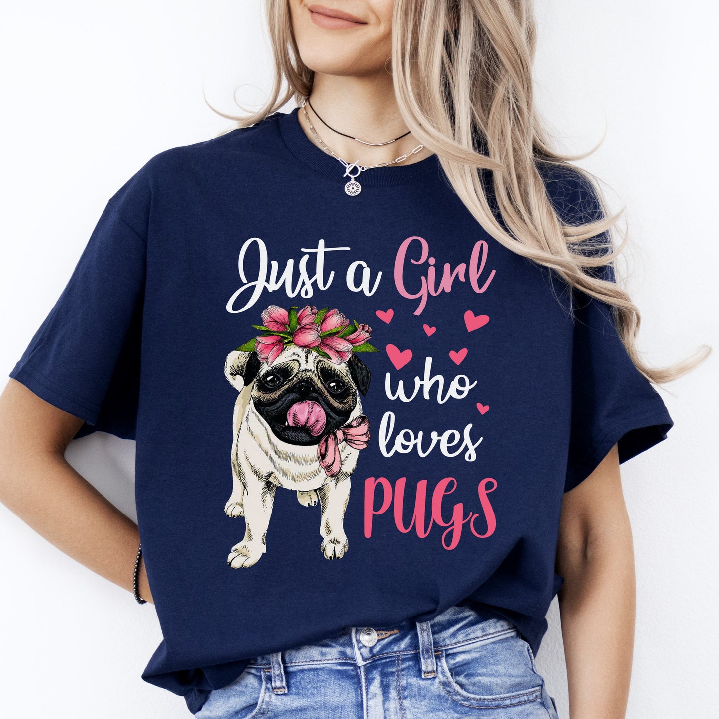 Just a girl who loves Pugs T-Shirt gift Pug Dog mom Unisex tee Black Navy Dark Heather-Navy-Family-Gift-Planet