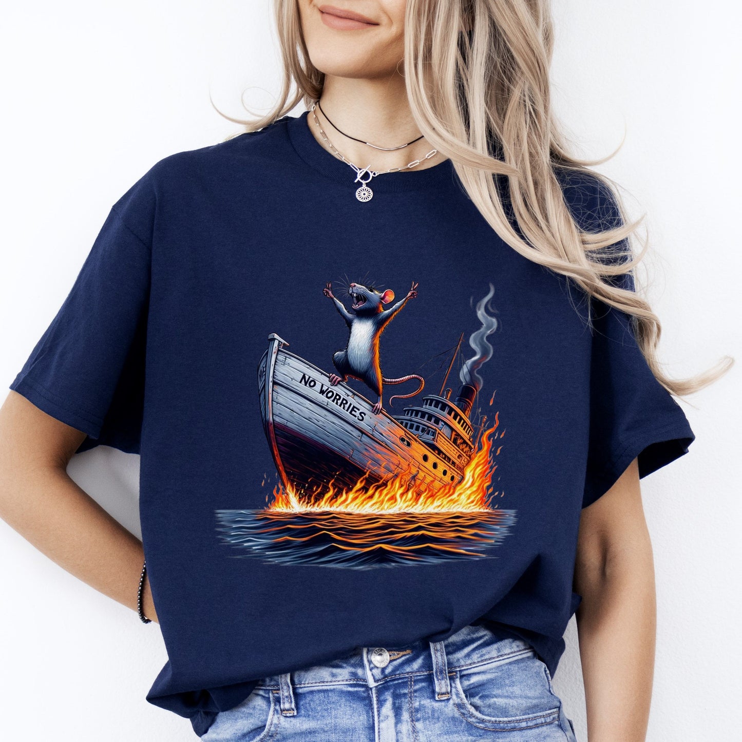 No worries Positive T-Shirt gift Funny Sinking ship Unisex tee Black Navy Dark Heather-Navy-Family-Gift-Planet