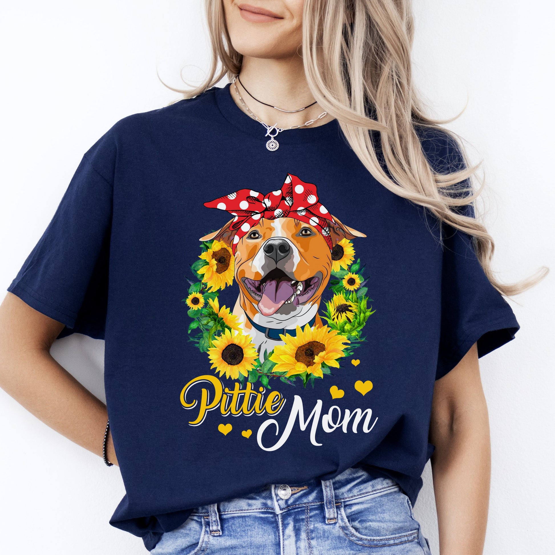 Sunflowers Pittie Mom T-Shirt gift Pitbull Dog mama Unisex tee Black Navy Dark Heather-Navy-Family-Gift-Planet