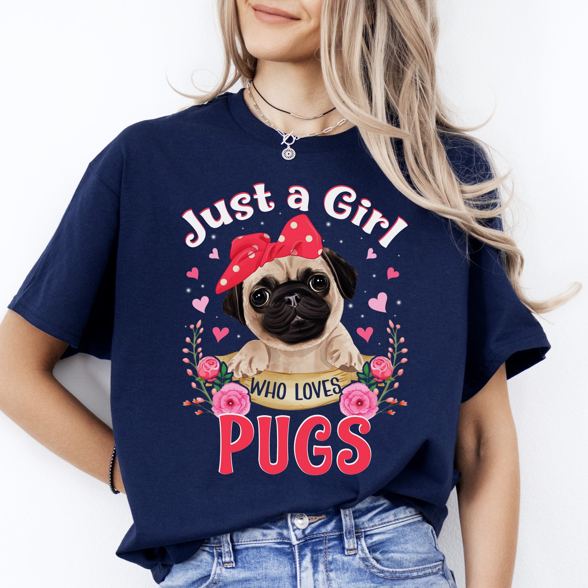 Just a girl who loves pugs T-Shirt gift Pugs Dog mom Unisex tee Black Navy Dark Heather-Navy-Family-Gift-Planet