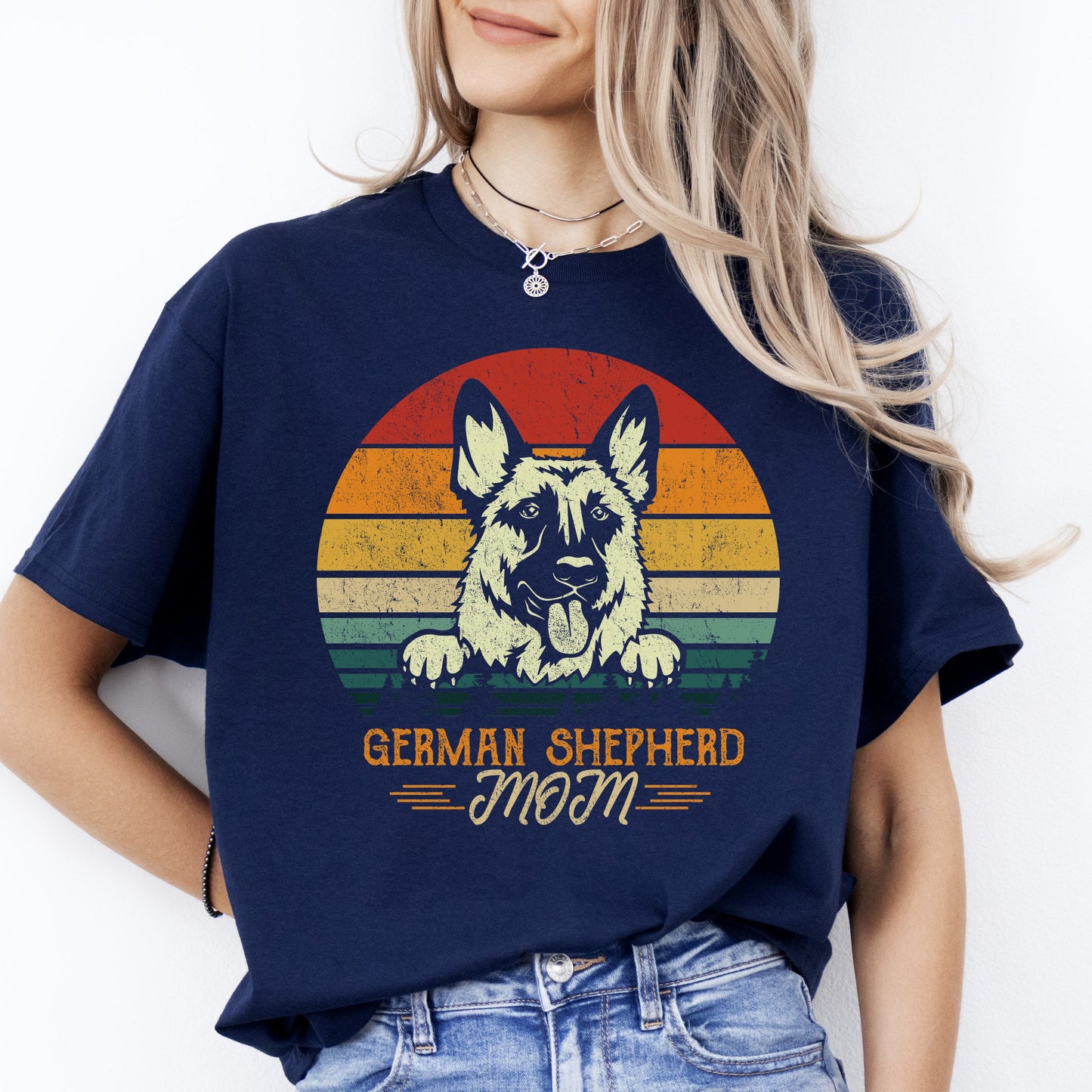 German Shepherd Mom T-Shirt gift Retro Shepherd Dog mama Unisex tee Black Navy Dark Heather-Navy-Family-Gift-Planet