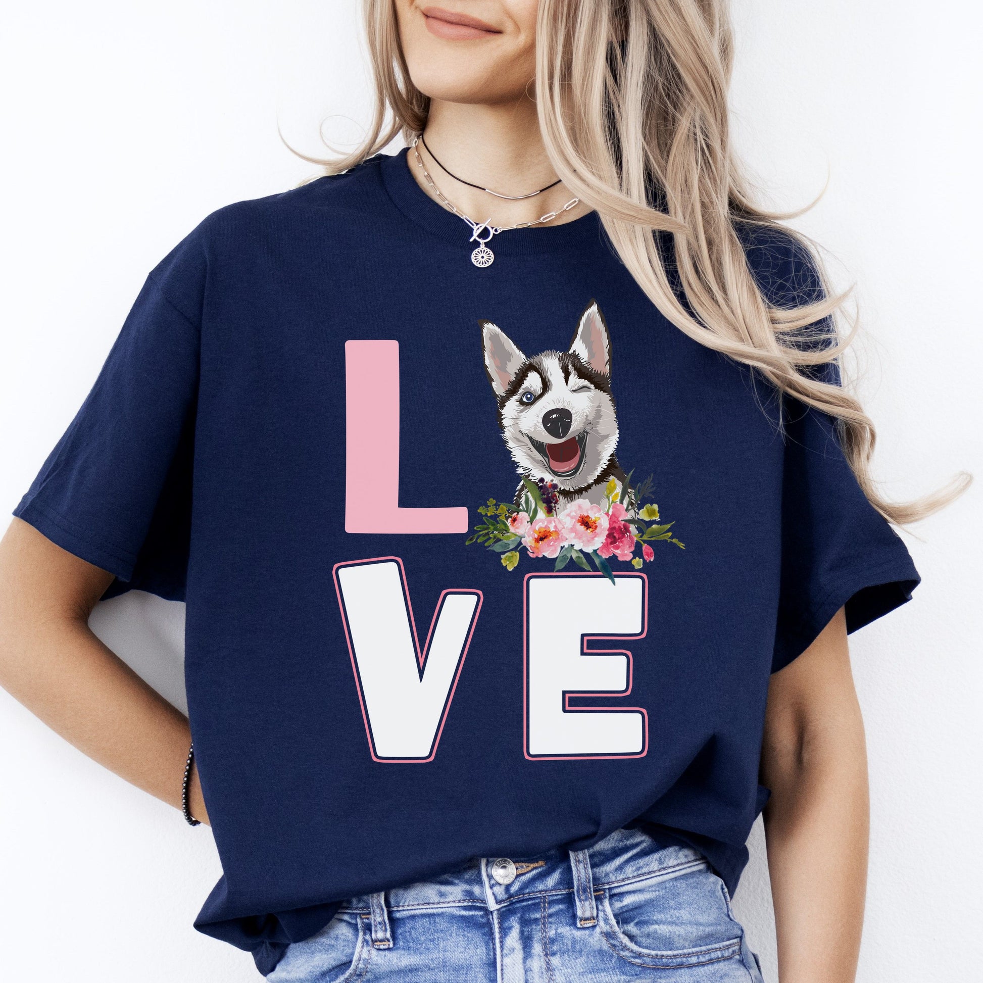 Love Husky T-Shirt gift Husky Dog mom Unisex tee Black Navy Dark Heather-Navy-Family-Gift-Planet