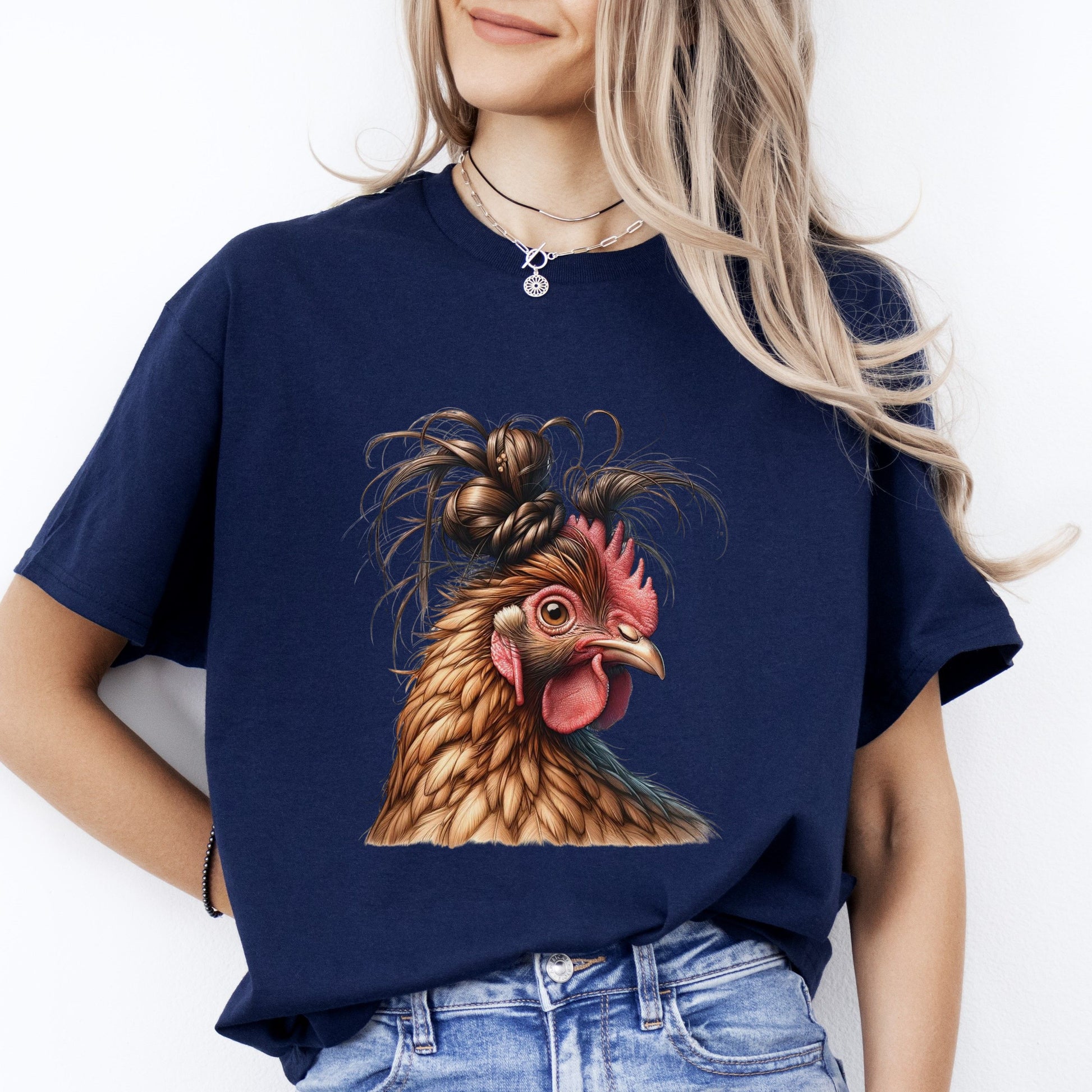 Messy Bun Hen T-Shirt gift Funny Messy bun farmer chick lover Unisex tee Black Navy Dark Heather-Navy-Family-Gift-Planet