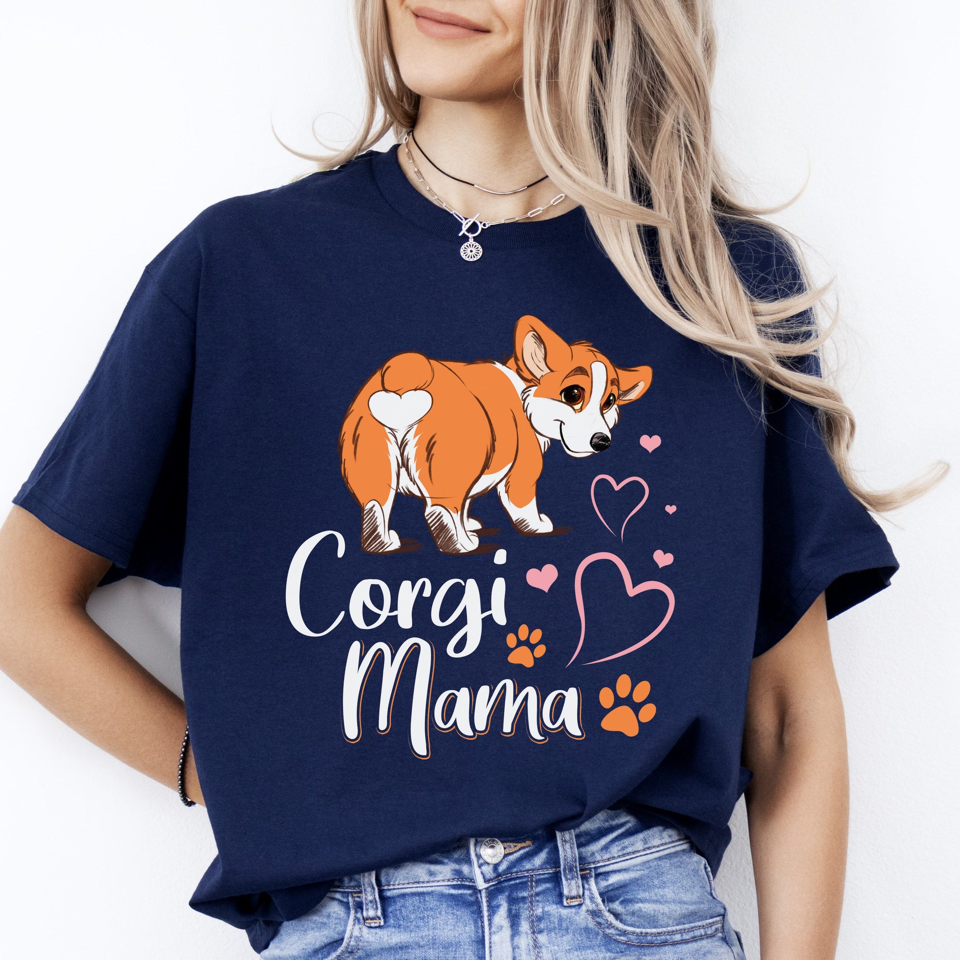 Corgi Mama T-Shirt gift heart paws Corgi Dog mom Unisex tee Black Navy Dark Heather-Navy-Family-Gift-Planet