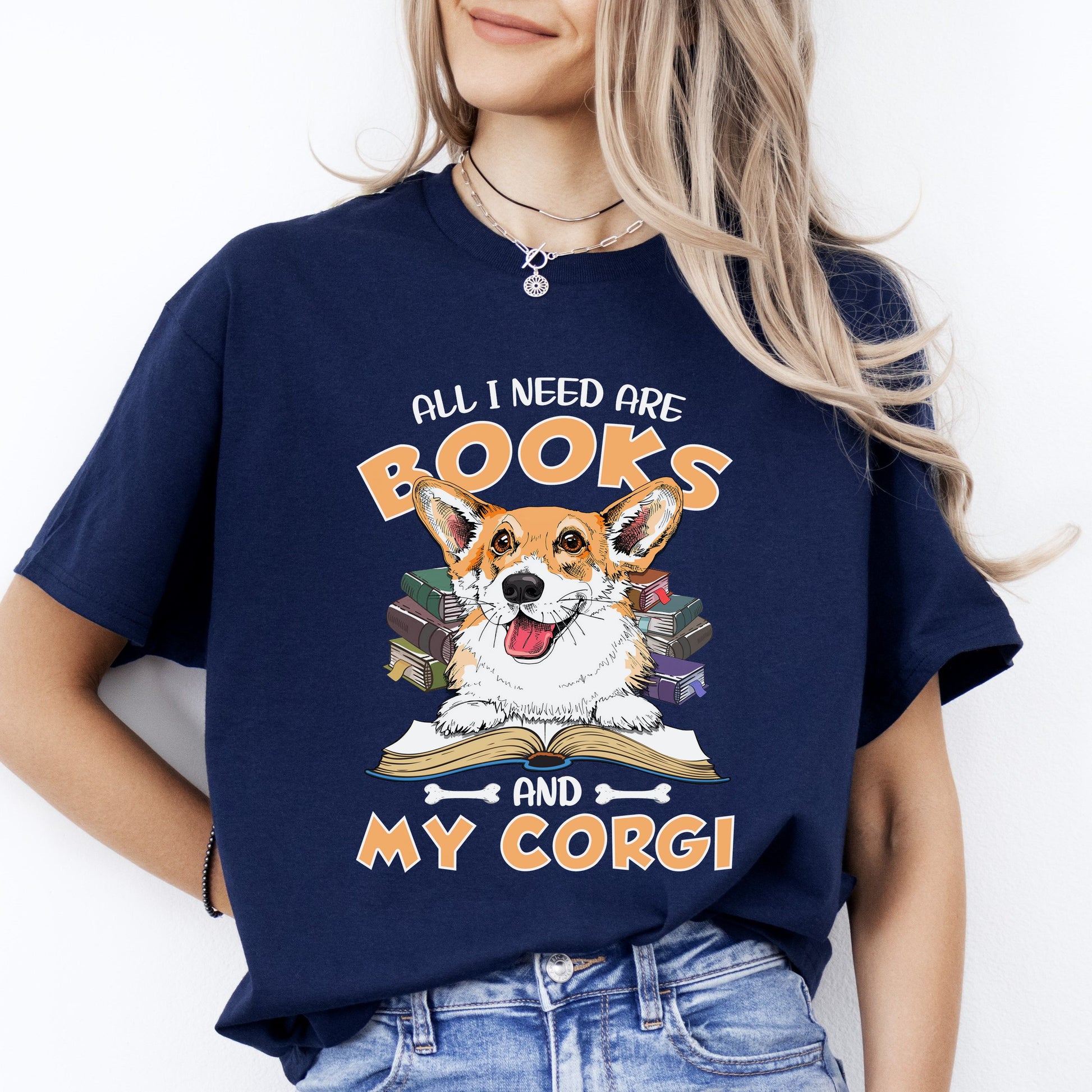 Corgi mama T-Shirt gift All I need are books and my corgi Dog mom Unisex tee Black Navy Dark Heather-Navy-Family-Gift-Planet