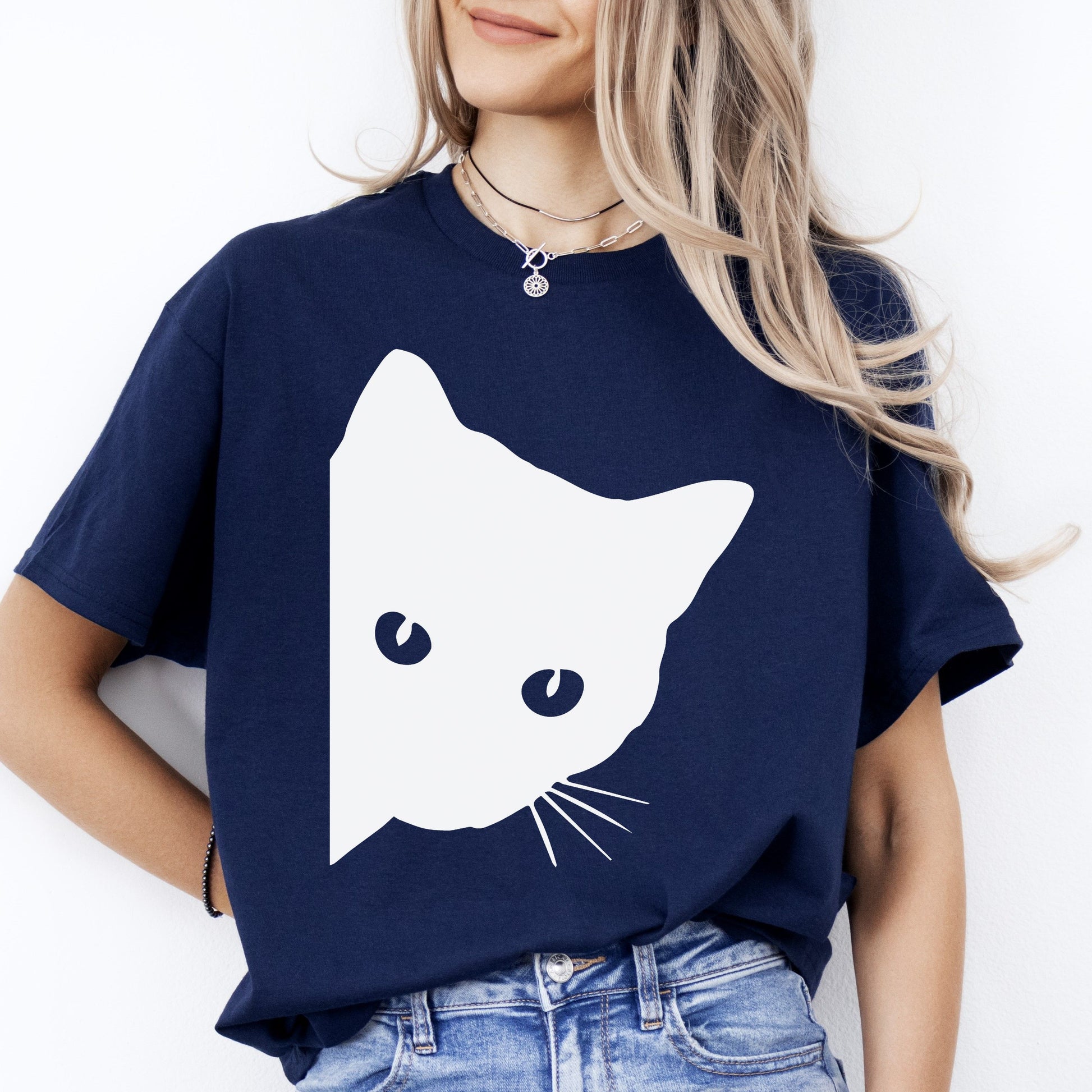 Cat T-Shirt gift Large White Cat Cat mom Unisex Tee Black Navy Dark Heather-Navy-Family-Gift-Planet