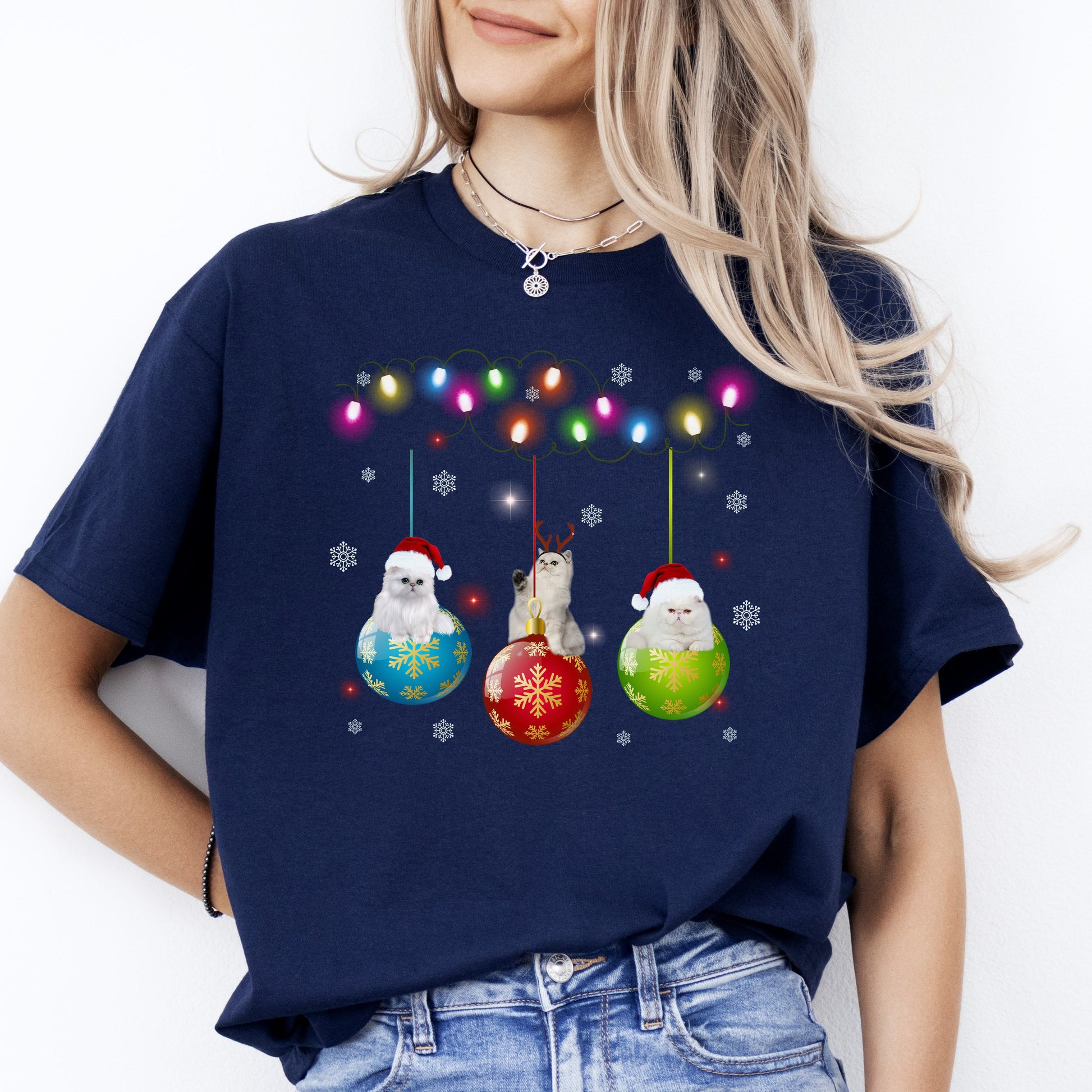 Cat Christmas T-Shirt gift Christmas tree lamps Cat mom Unisex Tee Black Navy Dark Heather-Family-Gift-Planet