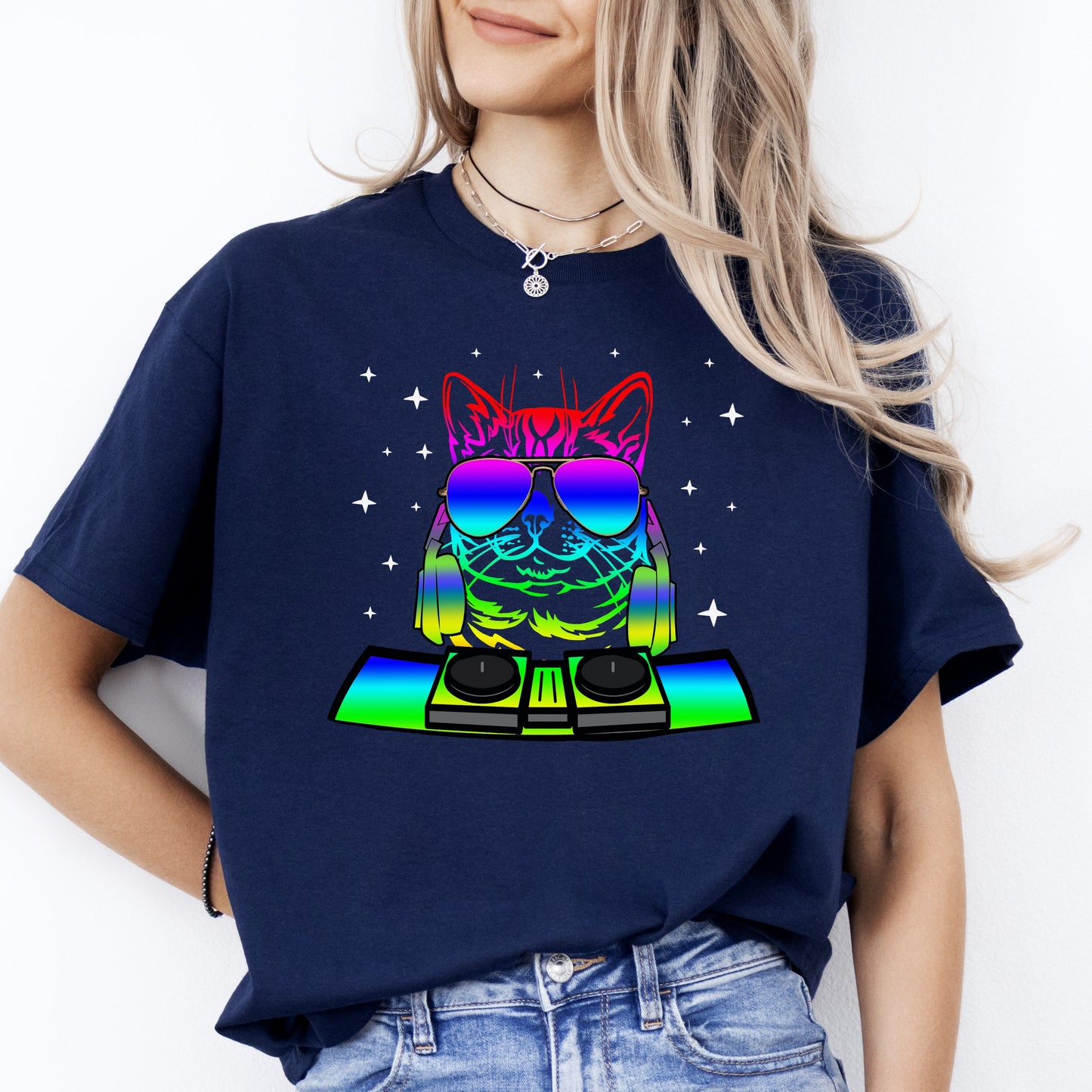 Cat DJ T-Shirt gift Neon Disco Cat mom Unisex Tee Black Navy Dark Heather-Navy-Family-Gift-Planet