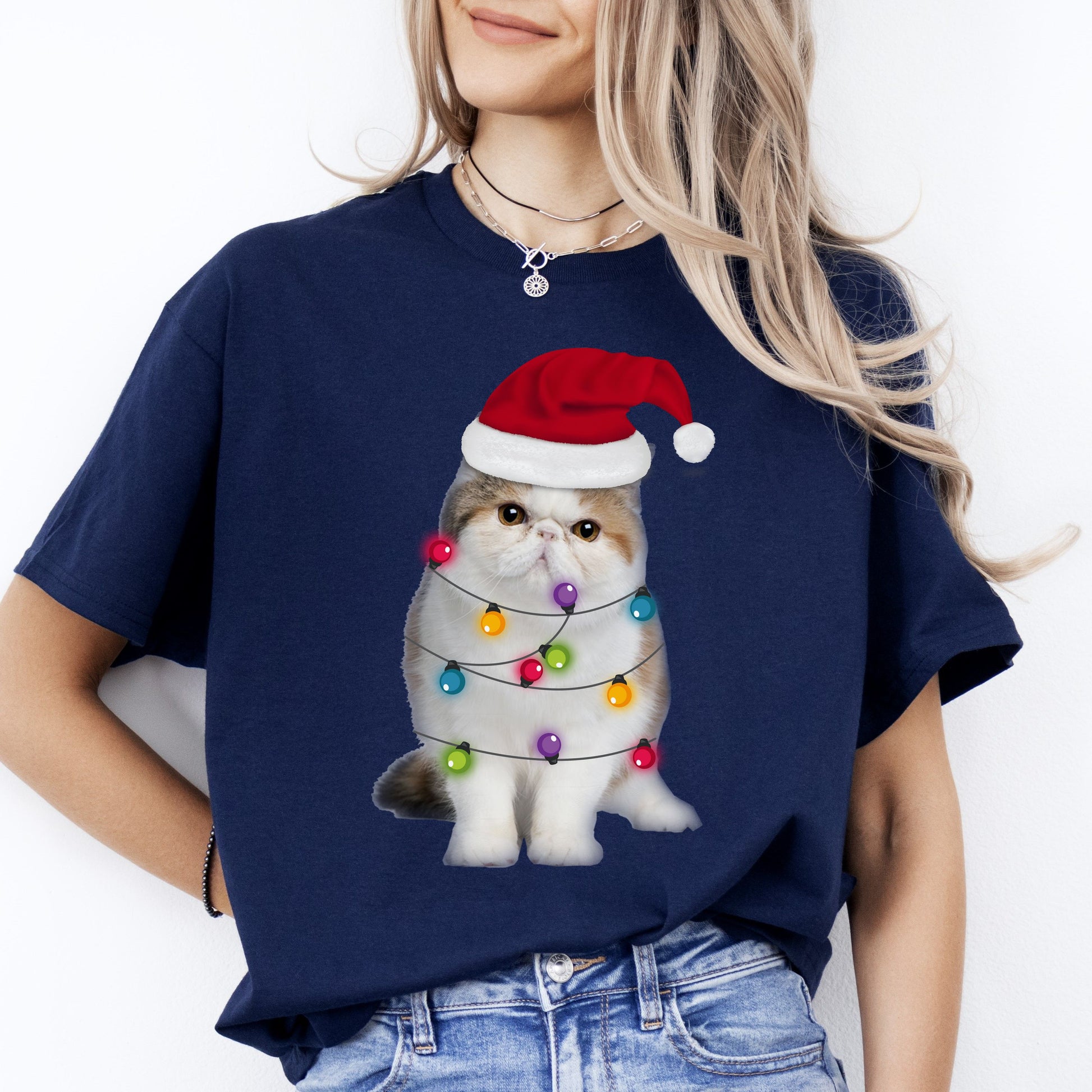 Cat Noel T-Shirt gift Christmas lamp Santa Cat mom Unisex Tee Black Navy Dark Heather-Navy-Family-Gift-Planet