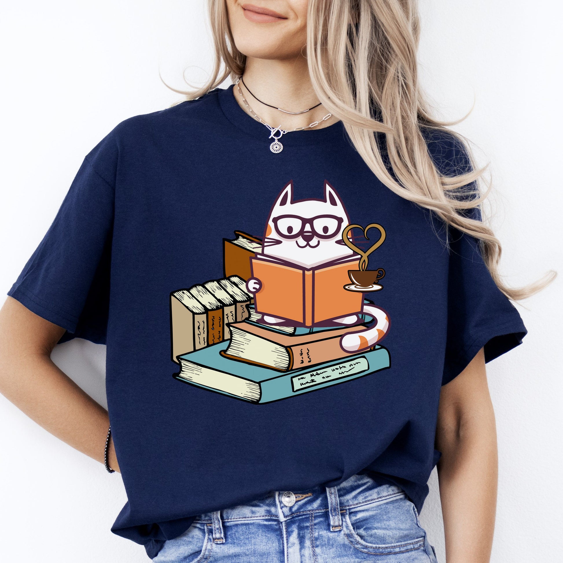 Cat Reading Book T-Shirt gift Coffee books Cat mom Unisex Tee Black Navy Dark Heather-Navy-Family-Gift-Planet