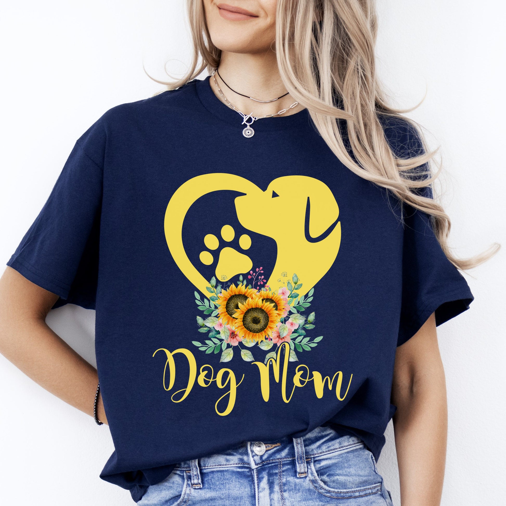 Dog Mom Heart T-Shirt gift Floral Dog mama Unisex tee Black Navy Dark Heather-Navy-Family-Gift-Planet