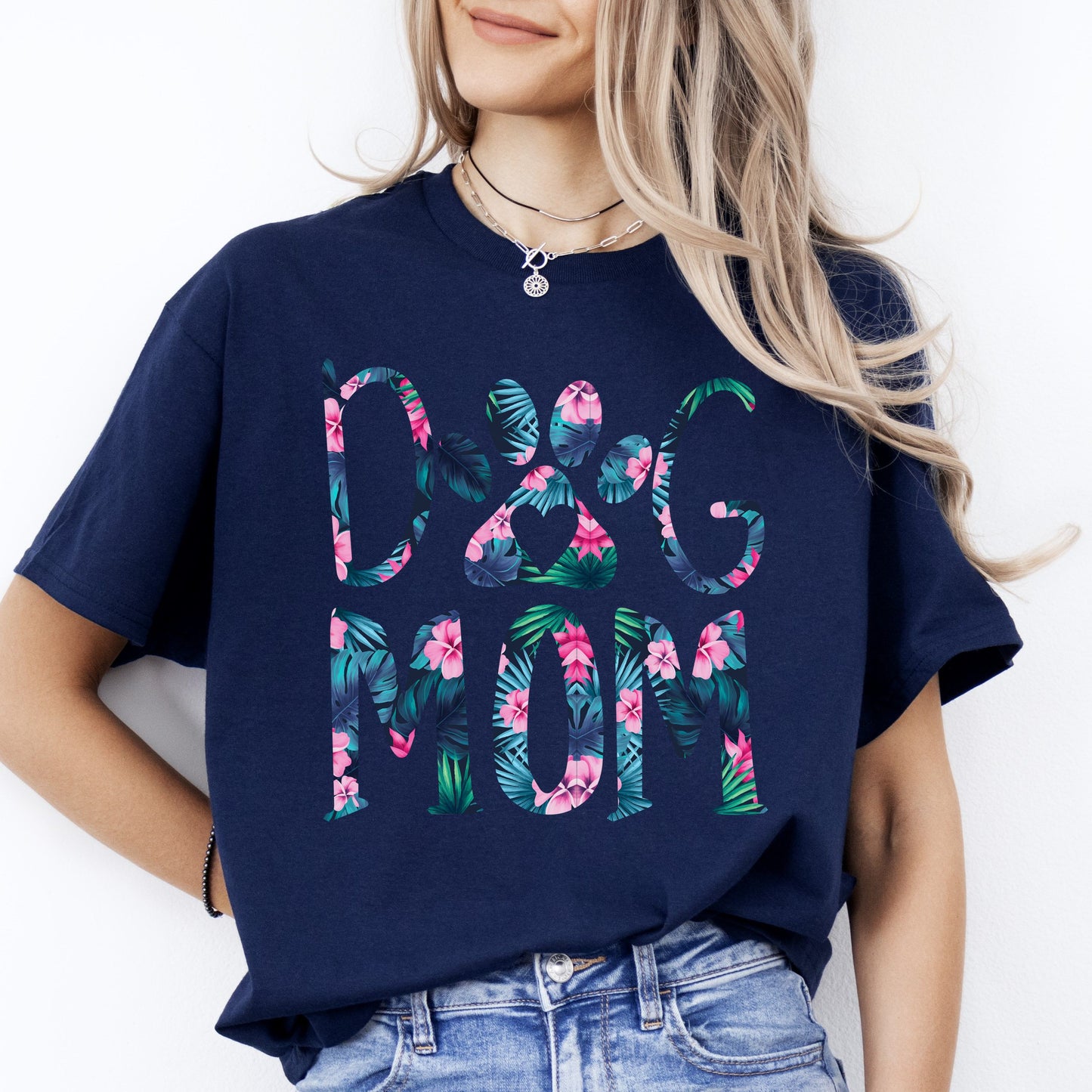 Dog Mom jungle T-Shirt gift Flowers Leaves Dog mom Unisex tee Black Navy Dark Heather-Navy-Family-Gift-Planet