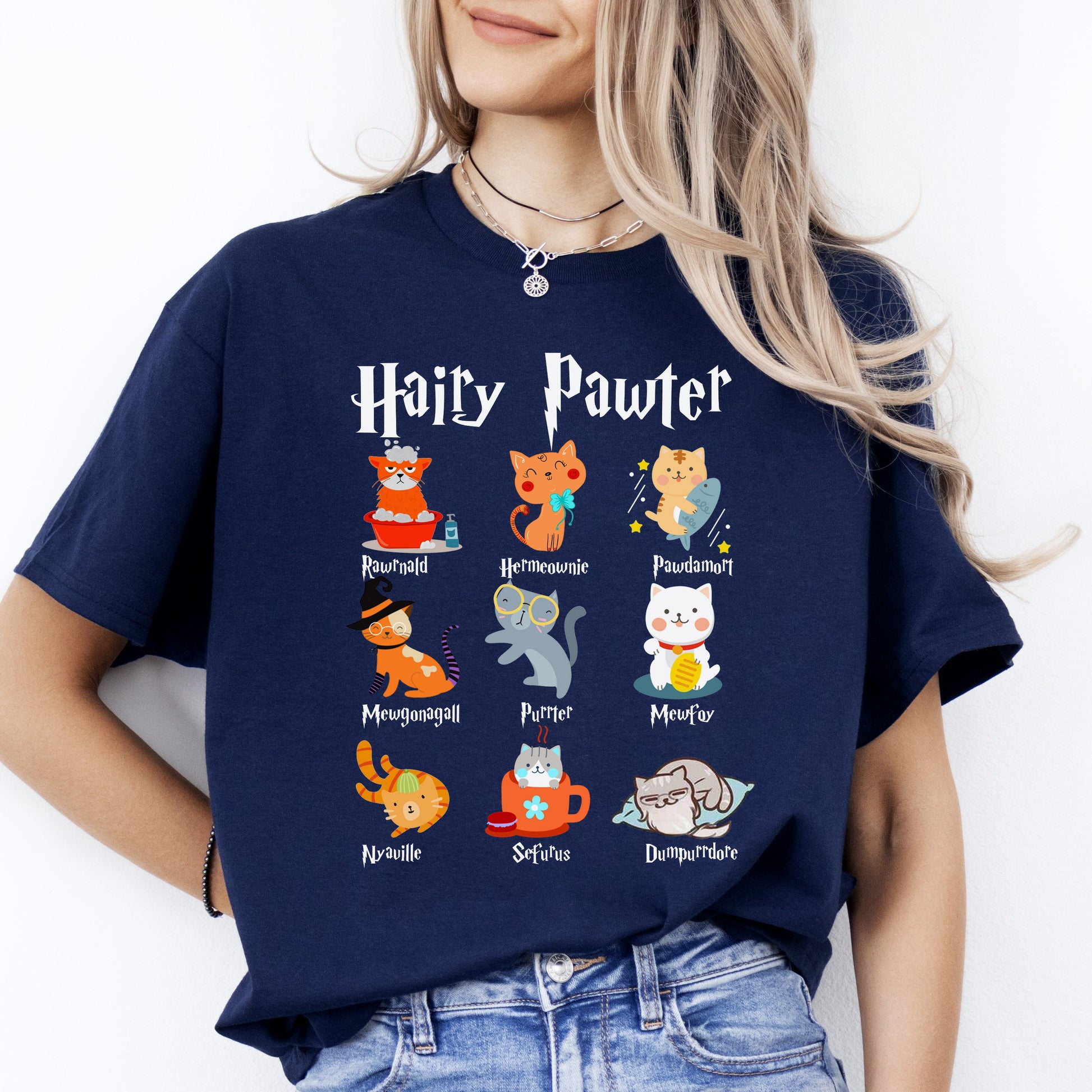 Hairy Pawter T-Shirt gift Cute Funny Cat lover Unisex Tee Black Navy Dark Heather-Navy-Family-Gift-Planet