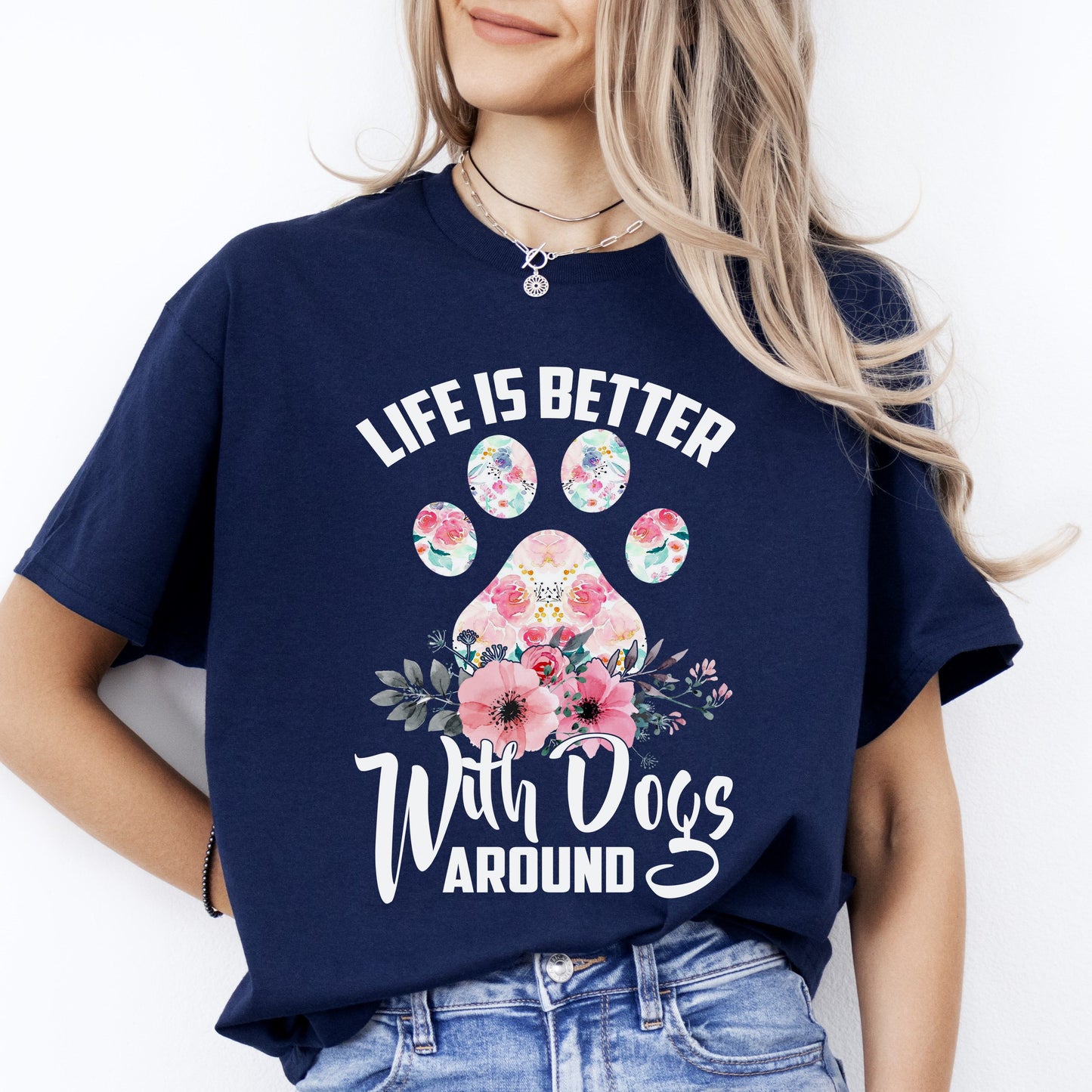 Dog mama T-Shirt gift Life is better with dogs around Unisex tee Black Navy Dark Heather-Navy-Family-Gift-Planet