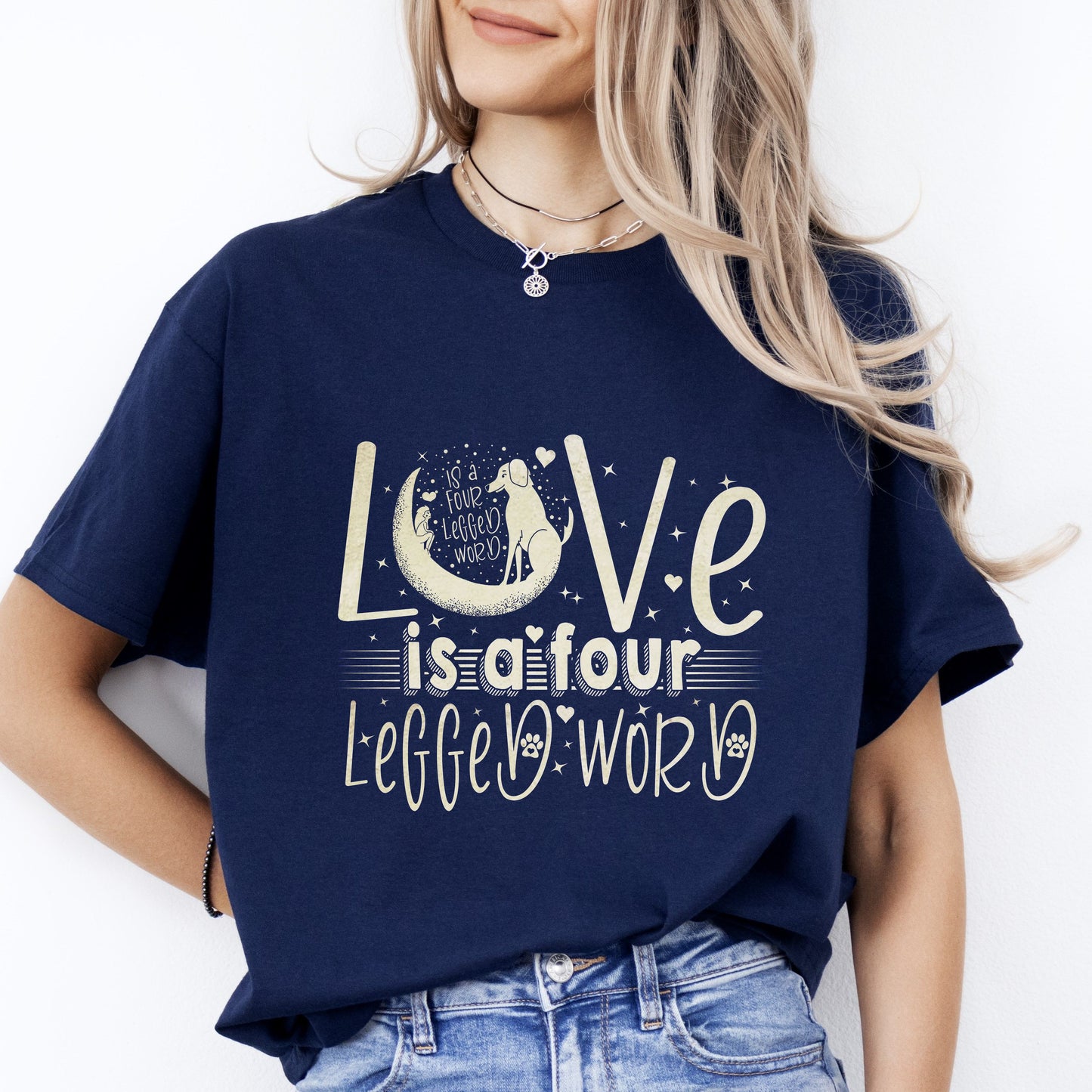 Love is a four legged word design T-Shirt gift Dog mom Unisex tee Black Navy Dark Heather-Navy-Family-Gift-Planet