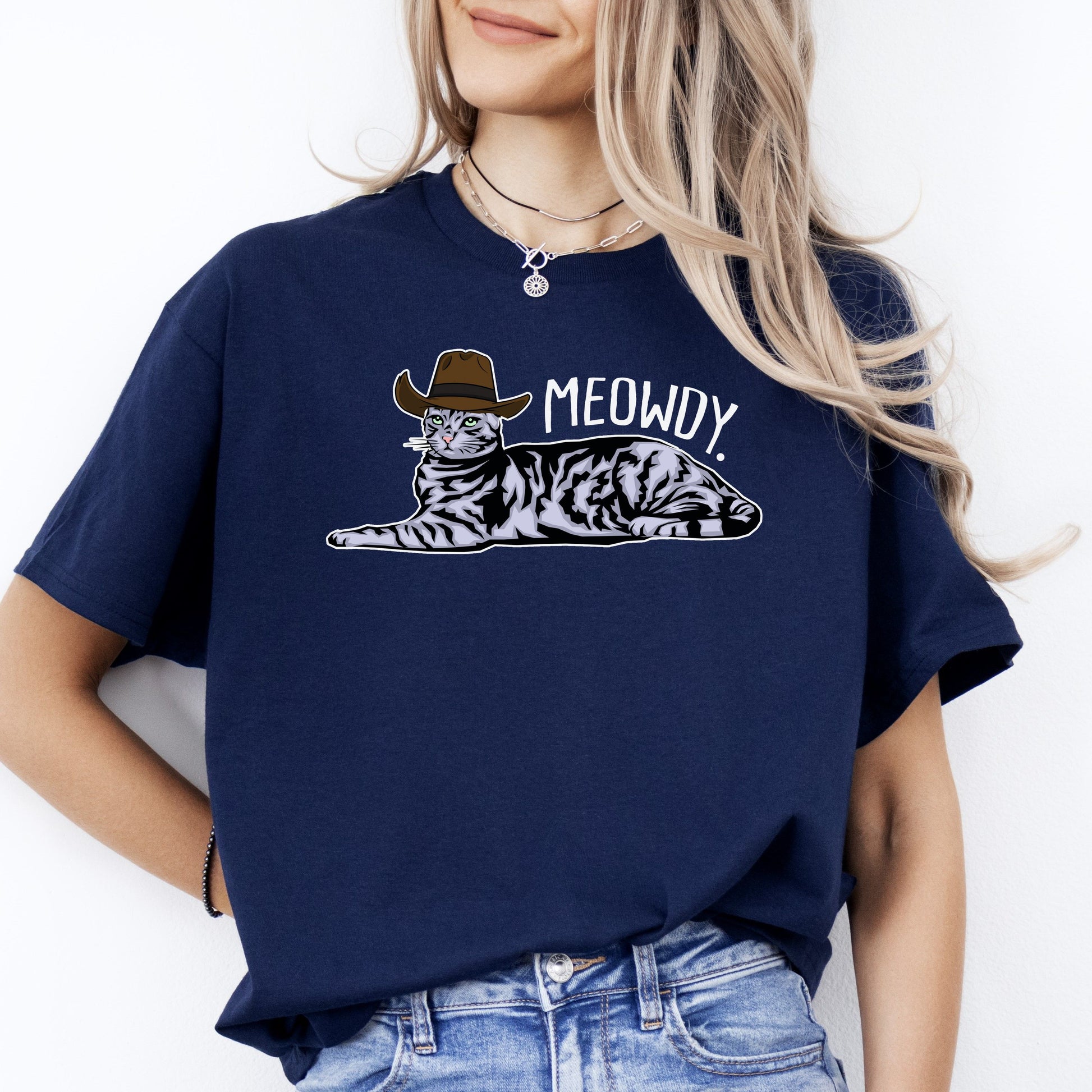 Meowdy T-Shirt gift Texas Cat with hat Cat mom Unisex Tee Black Navy Dark Heather-Navy-Family-Gift-Planet