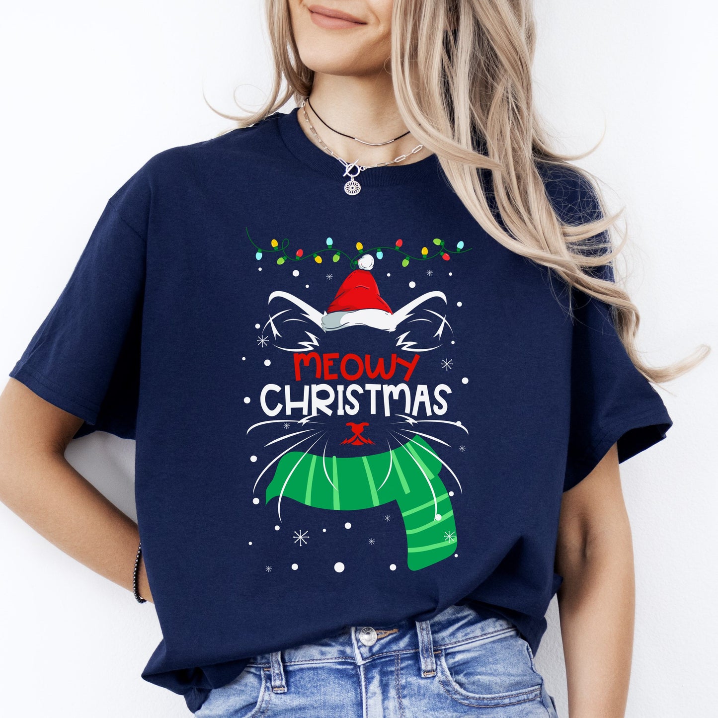 Meowy Christmas T-Shirt gift Christmas Cat mom Unisex Tee Black Navy Dark Heather-Navy-Family-Gift-Planet