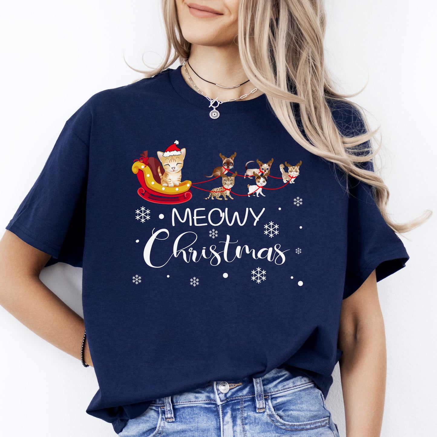 Meowy Christmas Design T-Shirt gift Cat Santa Cat mom Unisex Tee Black Navy Dark Heather-Navy-Family-Gift-Planet