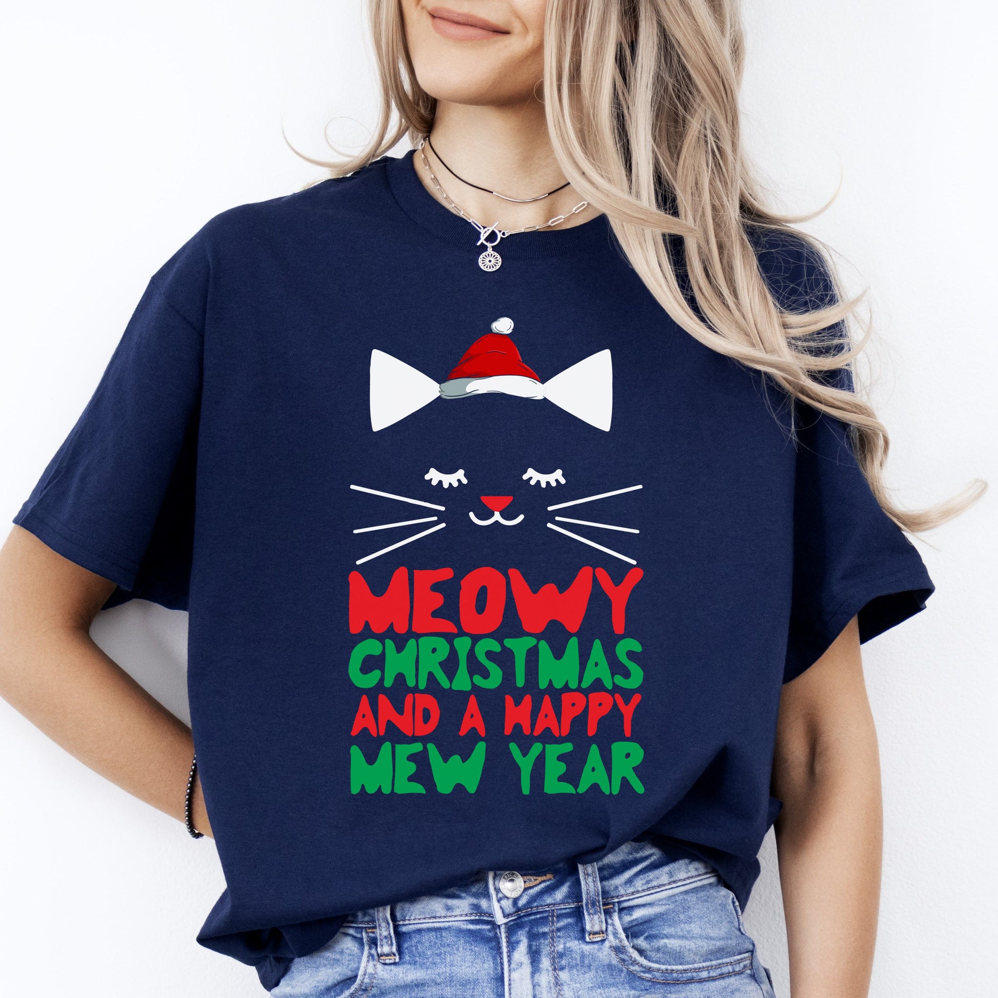 Meowy Christmas and a Happy mew year T-Shirt gift Holiday Cat lover Unisex Tee Black Navy Dark Heather-Navy-Family-Gift-Planet