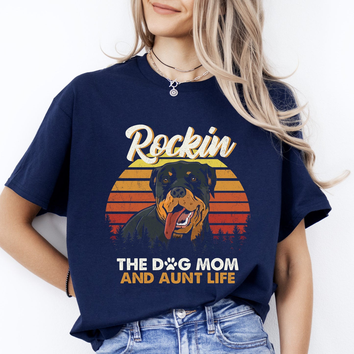 Rockin The Dog Mom and aunt life T-Shirt gift retro Auntie Dog mama Unisex tee Black Navy Dark Heather-Navy-Family-Gift-Planet