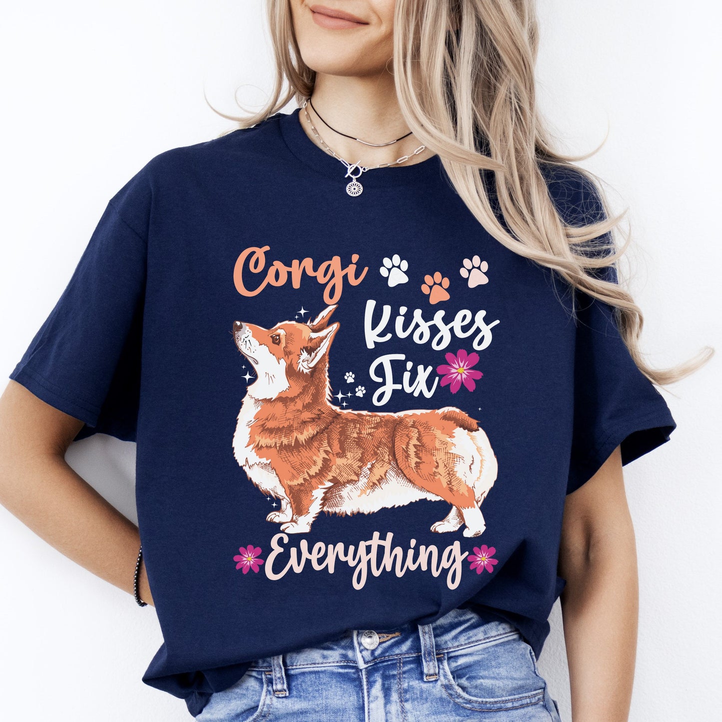 Corgi kisses fix everything T-Shirt gift Cute Corgi Dog mom Unisex tee Black Navy Dark Heather-Navy-Family-Gift-Planet