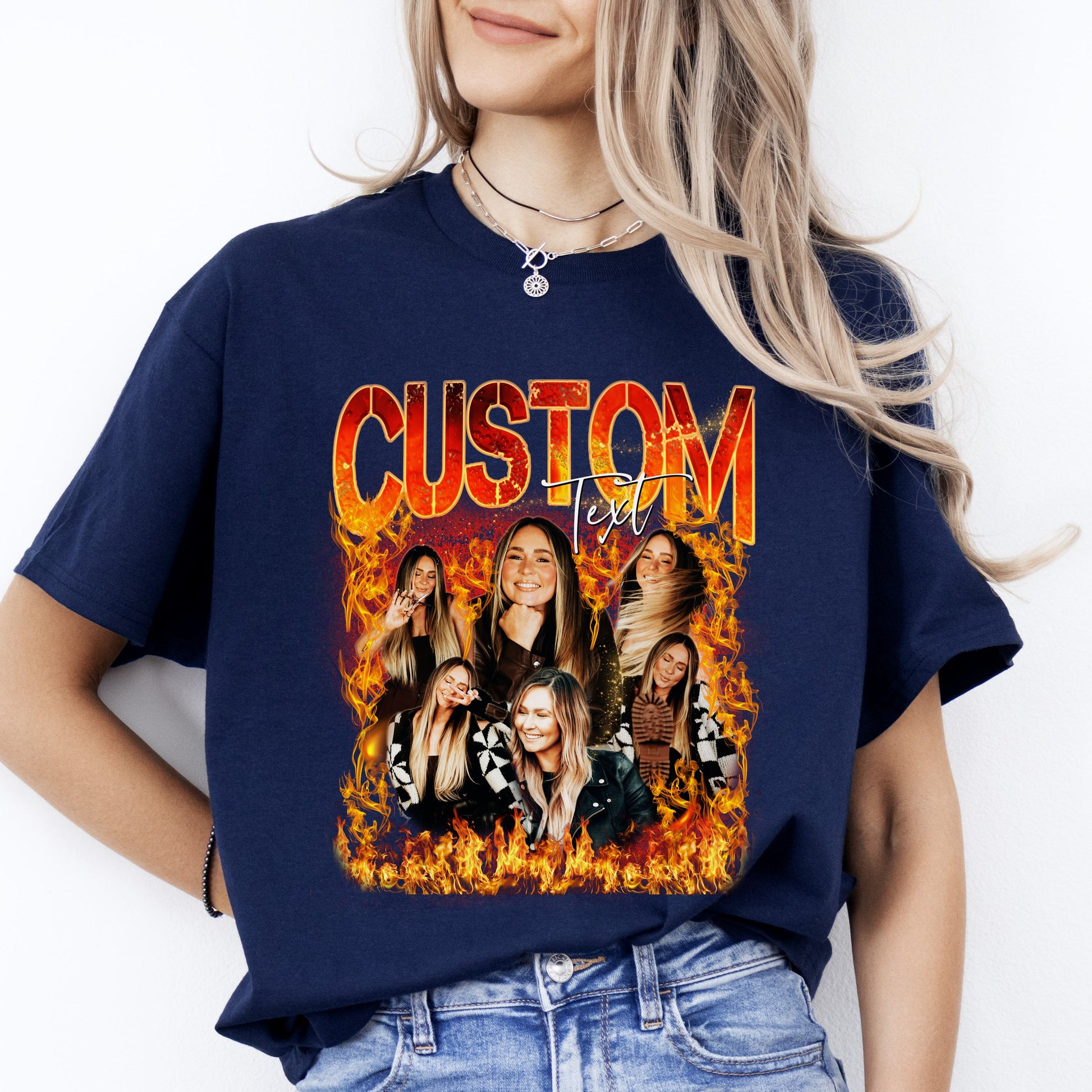 Custom Flame Bootleg rap T-Shirt gift Fire Bachelorette party Your own photo Unisex Tee Black Navy Dark Heather-Navy-Family-Gift-Planet